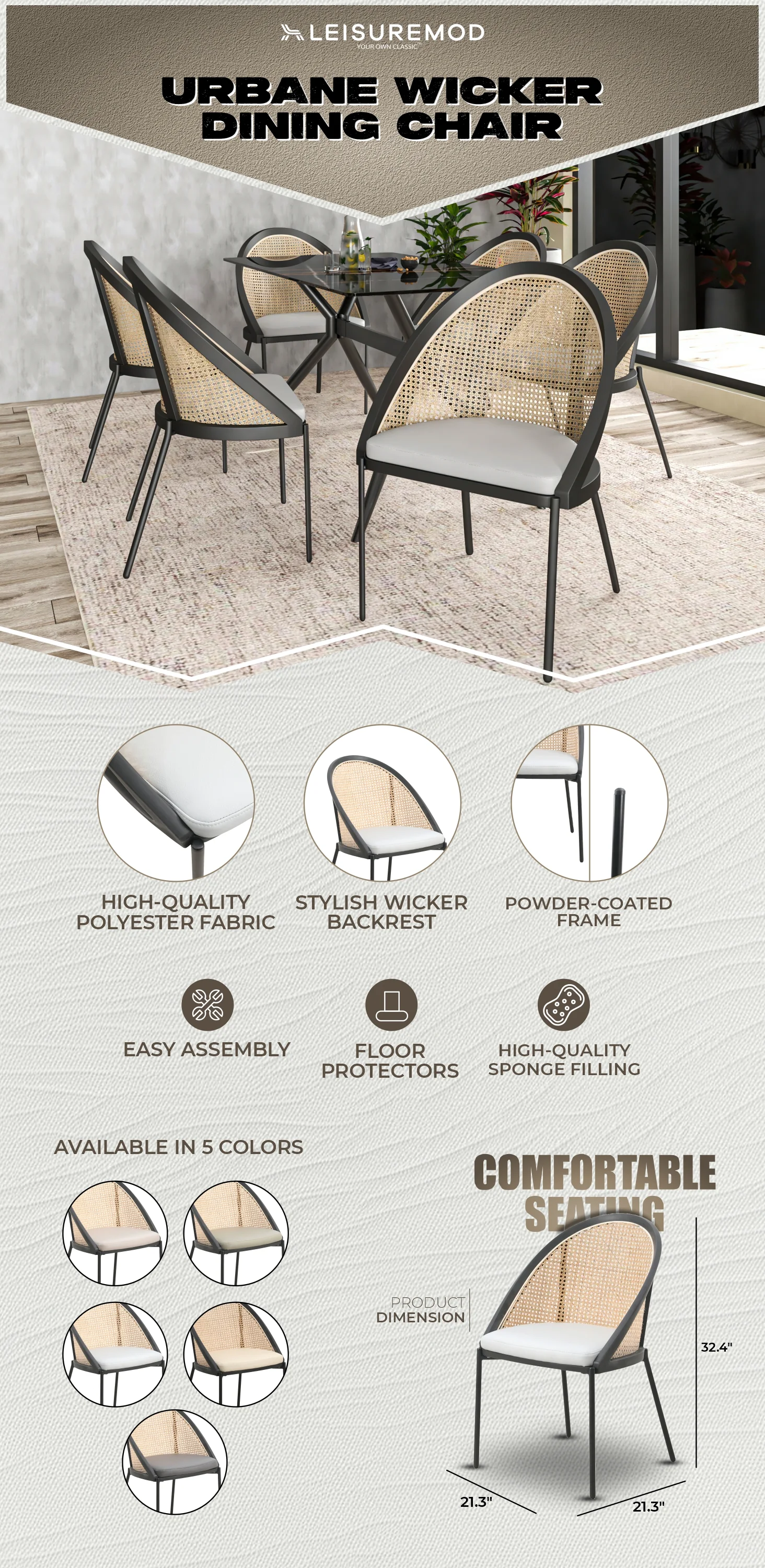 Urbane Collection Modern Dining Chair With Wicker back in Light Grey