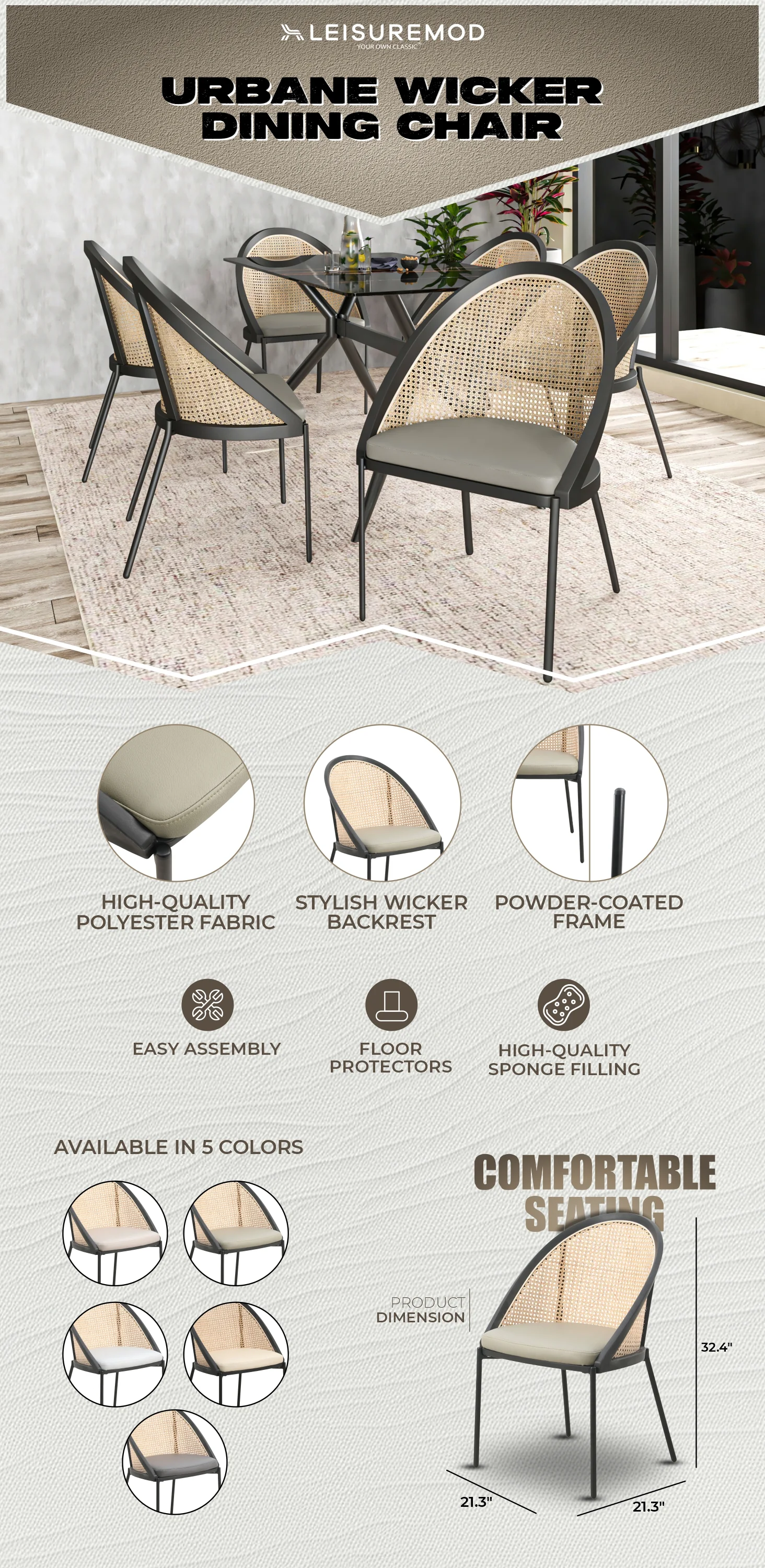 Urbane Collection Modern Dining Chair With Wicker back in Olive Green