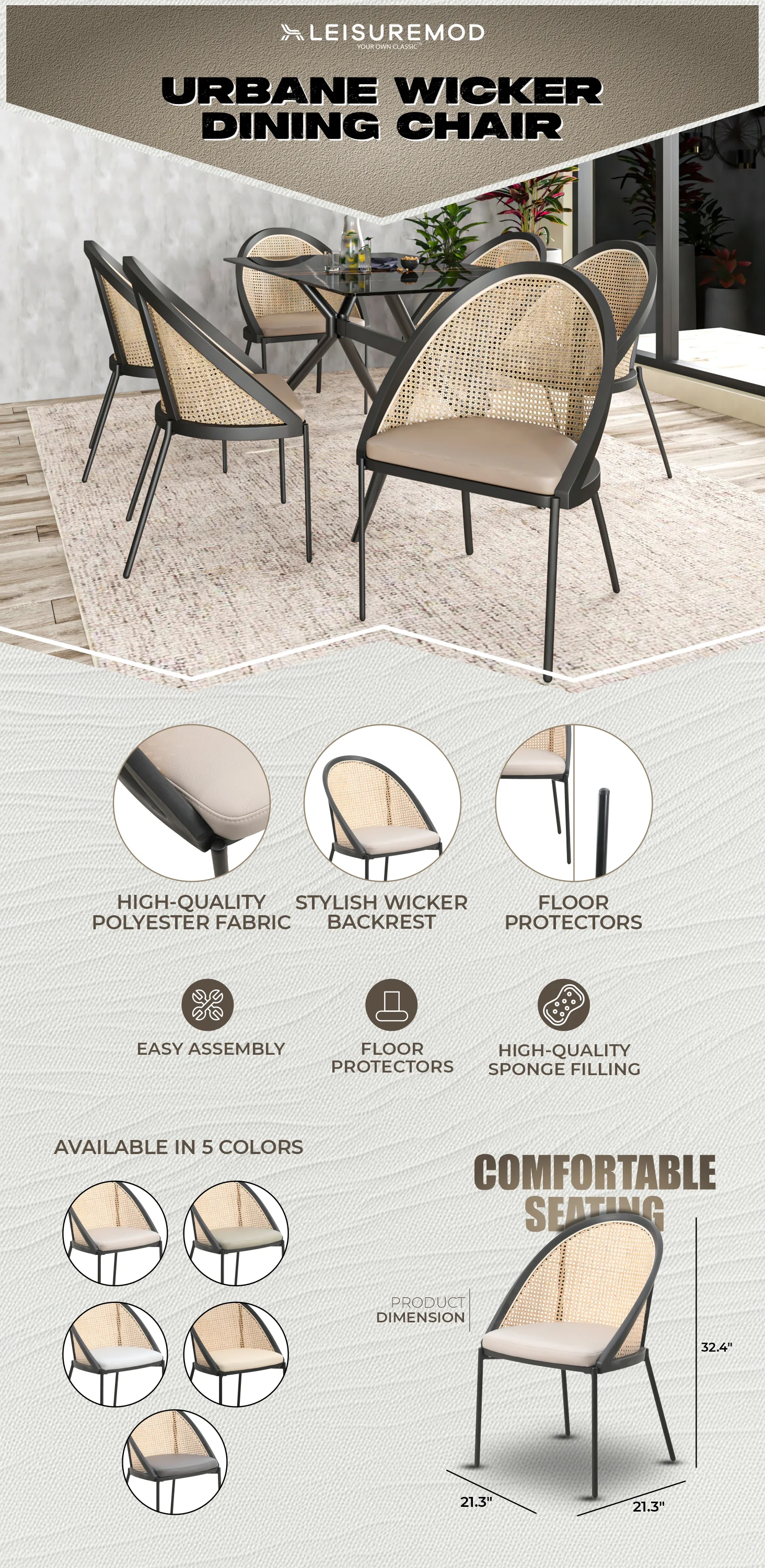 Urbane Collection Modern Dining Chair With Wicker back in Taupe - Set of 2