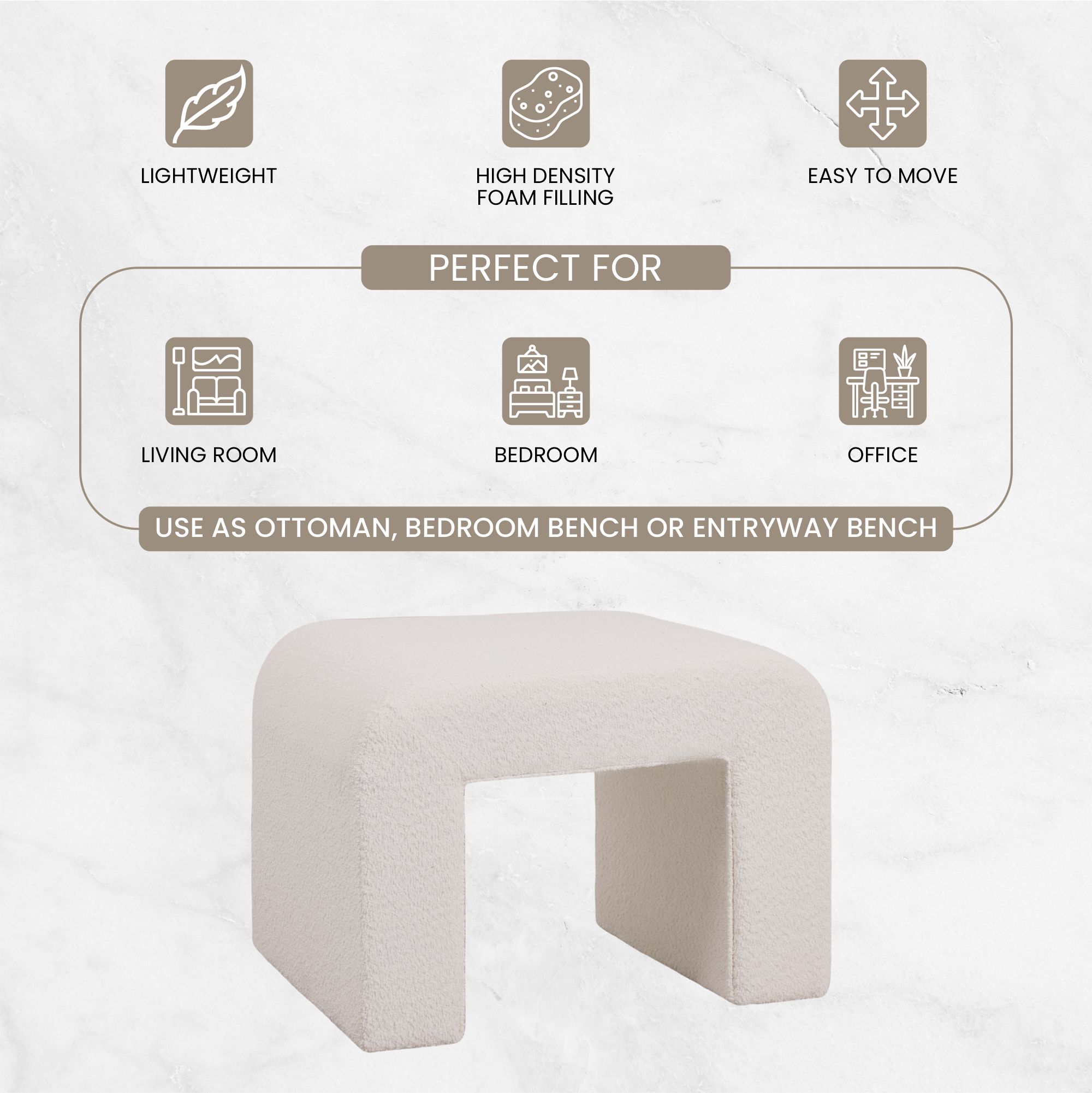 Vint 26” Bench Upholstered in Velvet Boucle with Curved Waterfall Design Padded Foam Seat for Living Room