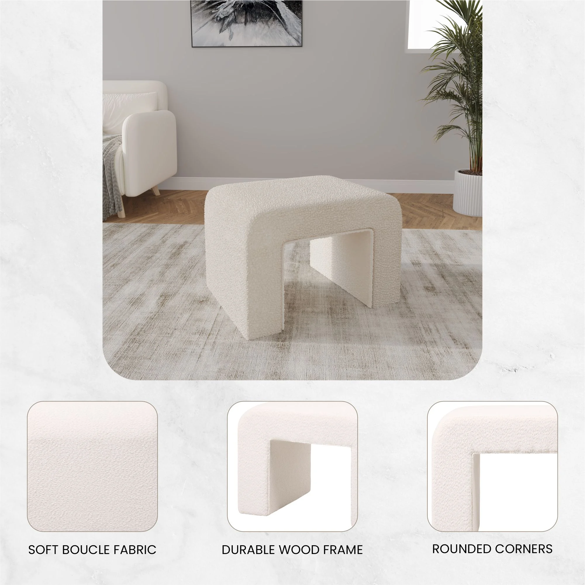 Vint 26” Bench Upholstered in Velvet Boucle with Curved Waterfall Design Padded Foam Seat for Living Room