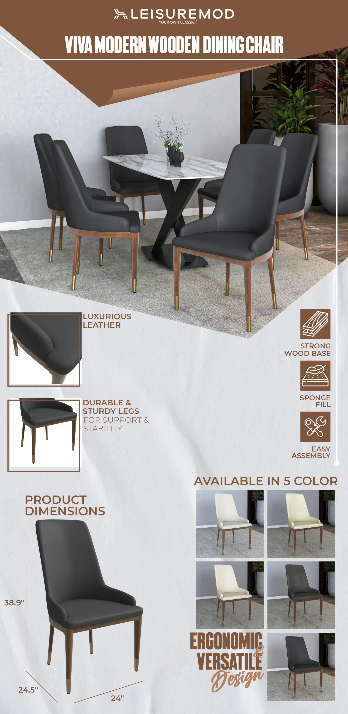 Viva Collection Modern Wooden Dining Chair in Dark Grey Set of 2