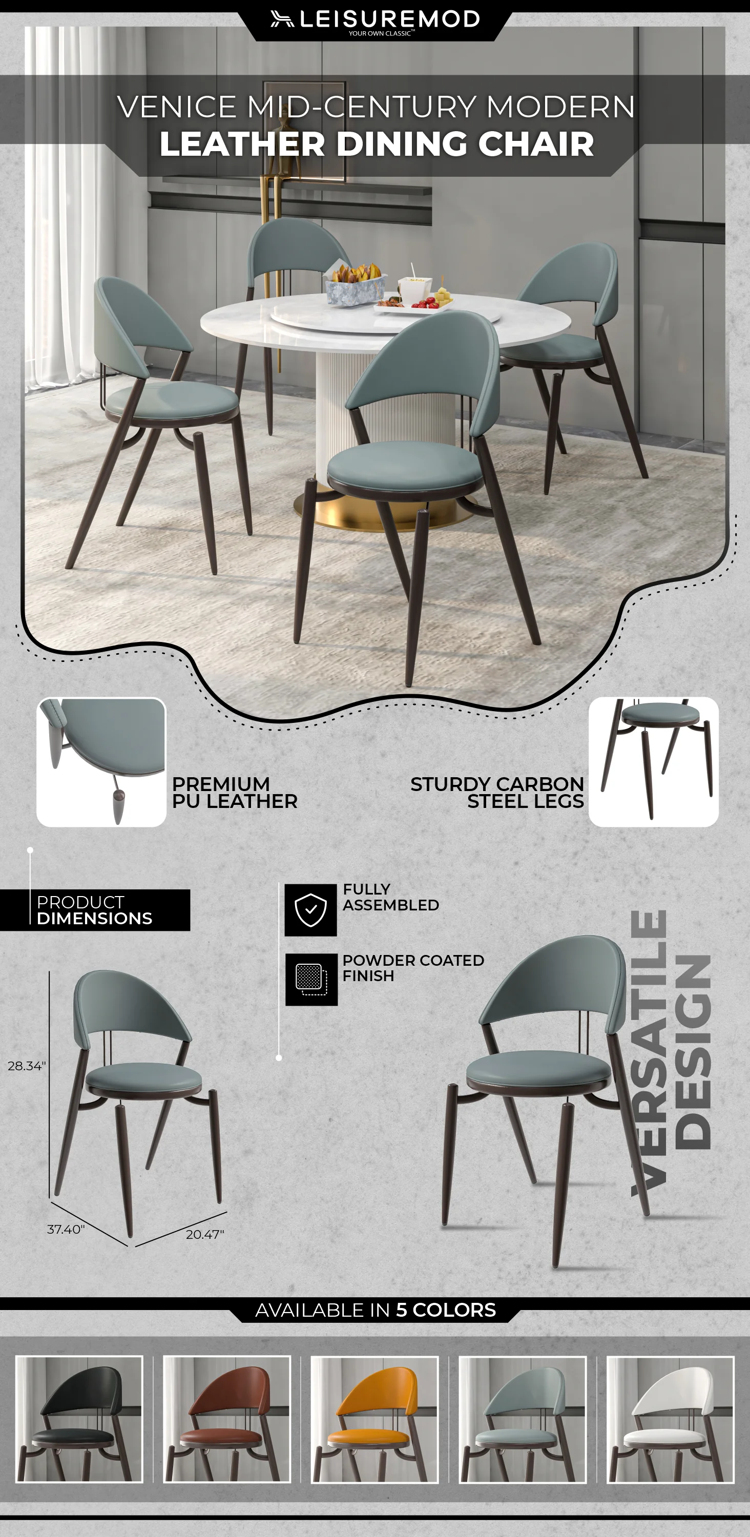 Venice Collection Modern Dining Chair In Black set of 4 in Light Grey