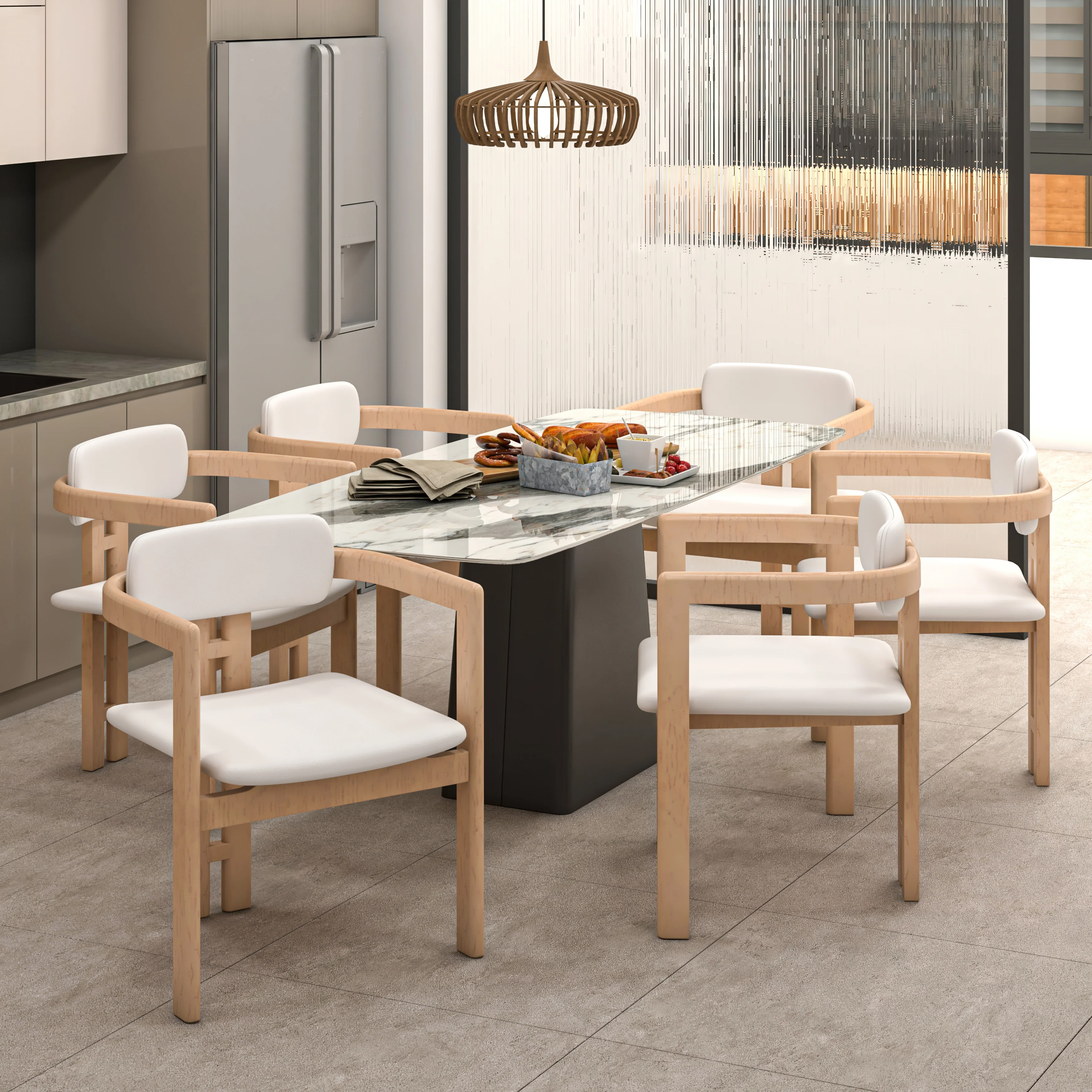 Velo Series Modern Dining Chair in Natrual Wood with White Seat Set of 4