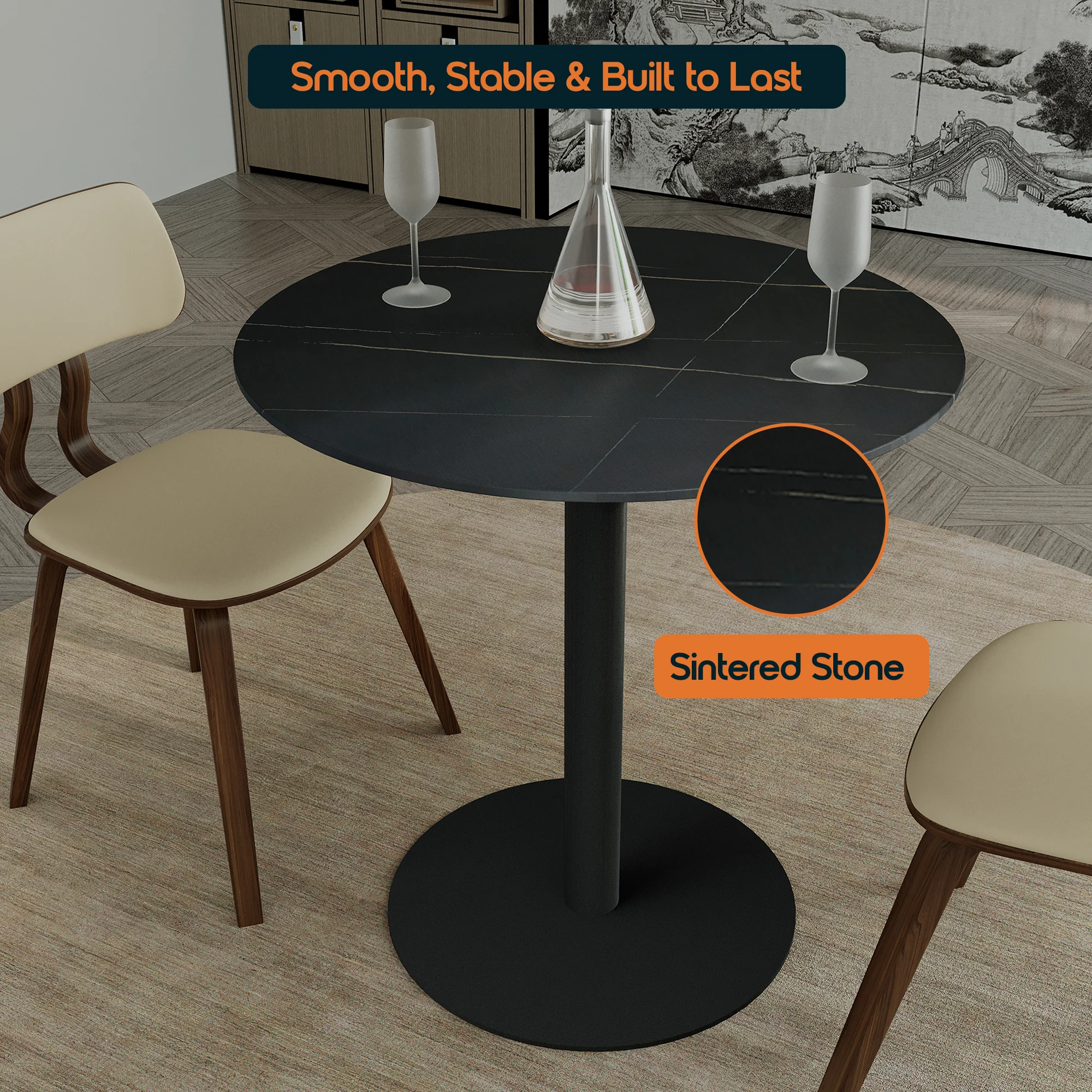 Vail Collection Dining Table Black Base With 27" Round Black Stone Top