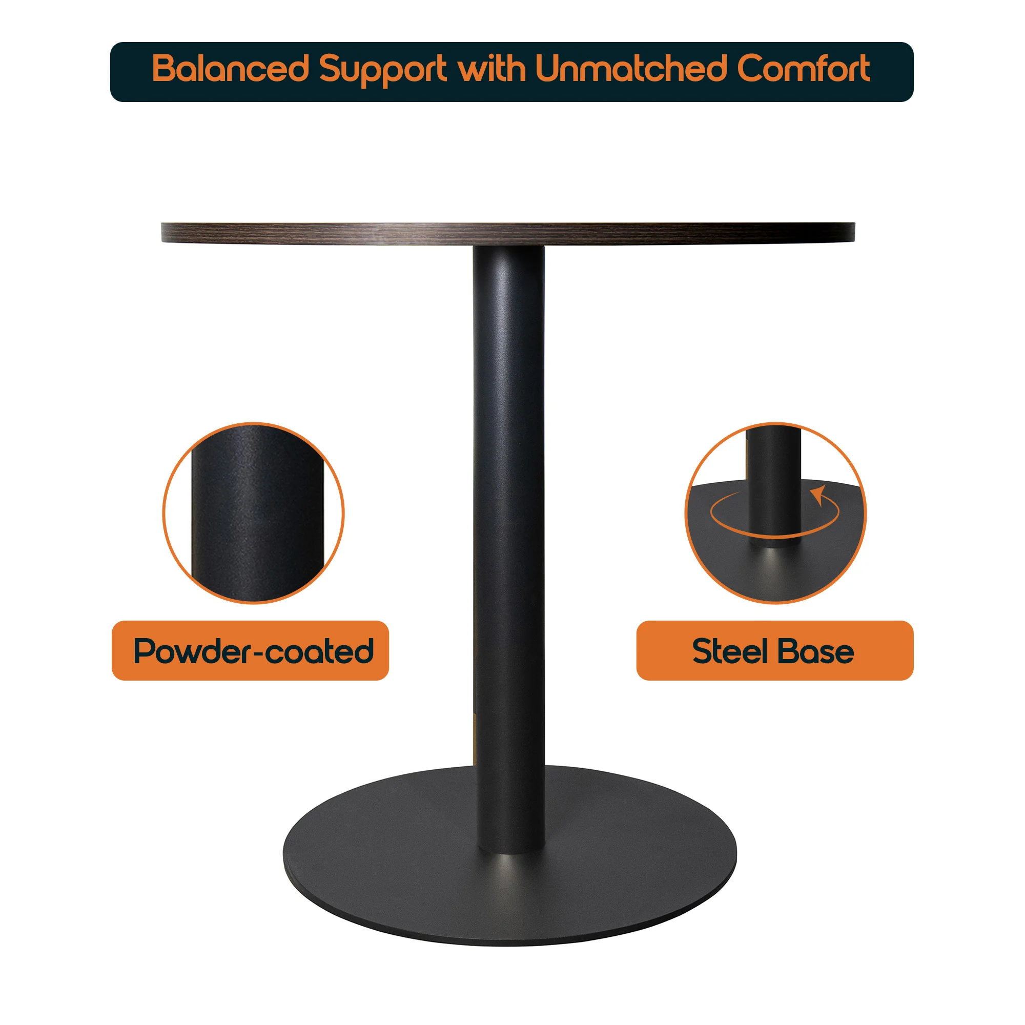 Vail Collection Dining Table Black Base With 27" Round Dark  Brown MDF Top