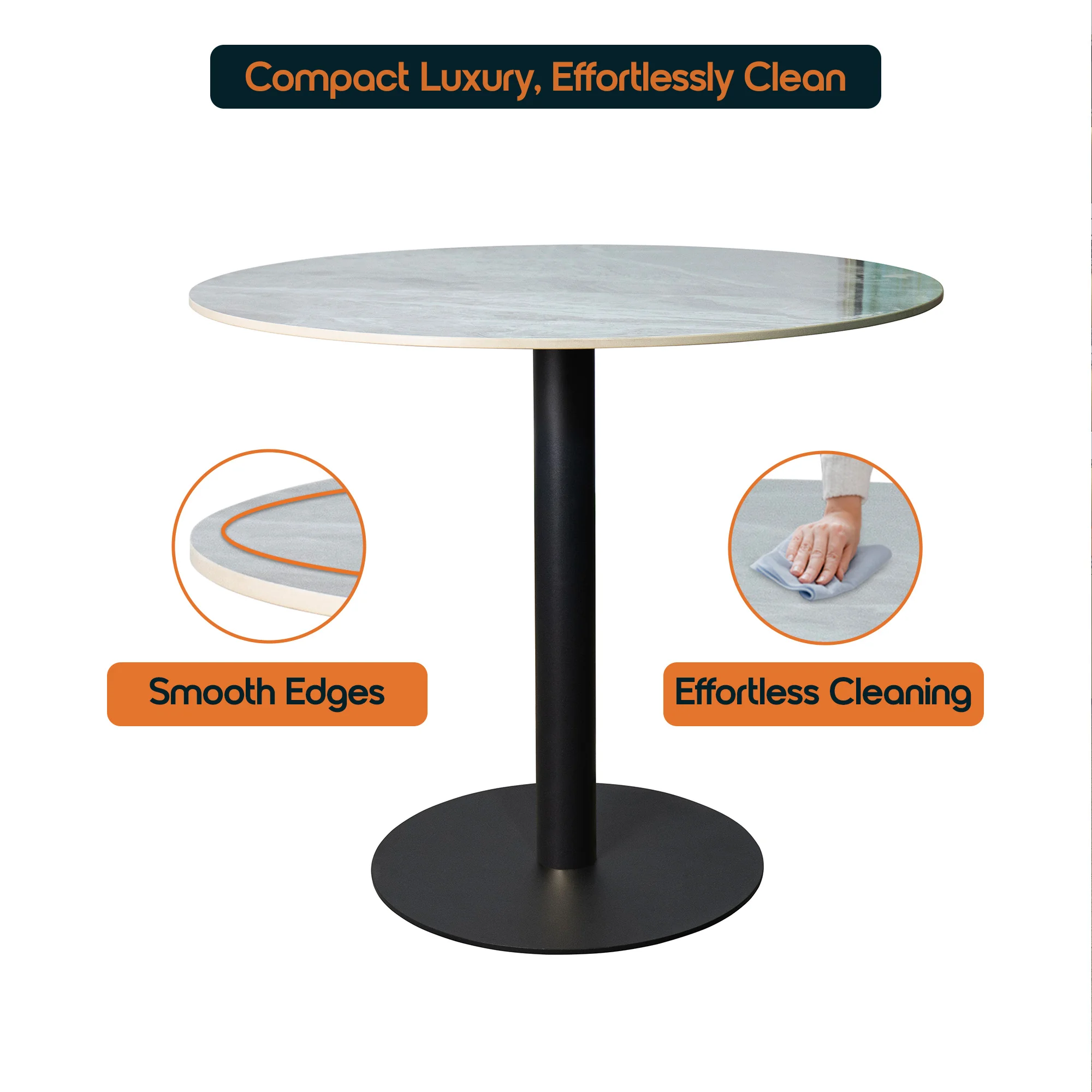 Vail Collection Dining Table Black Base With 27" Round Grey Stone Top