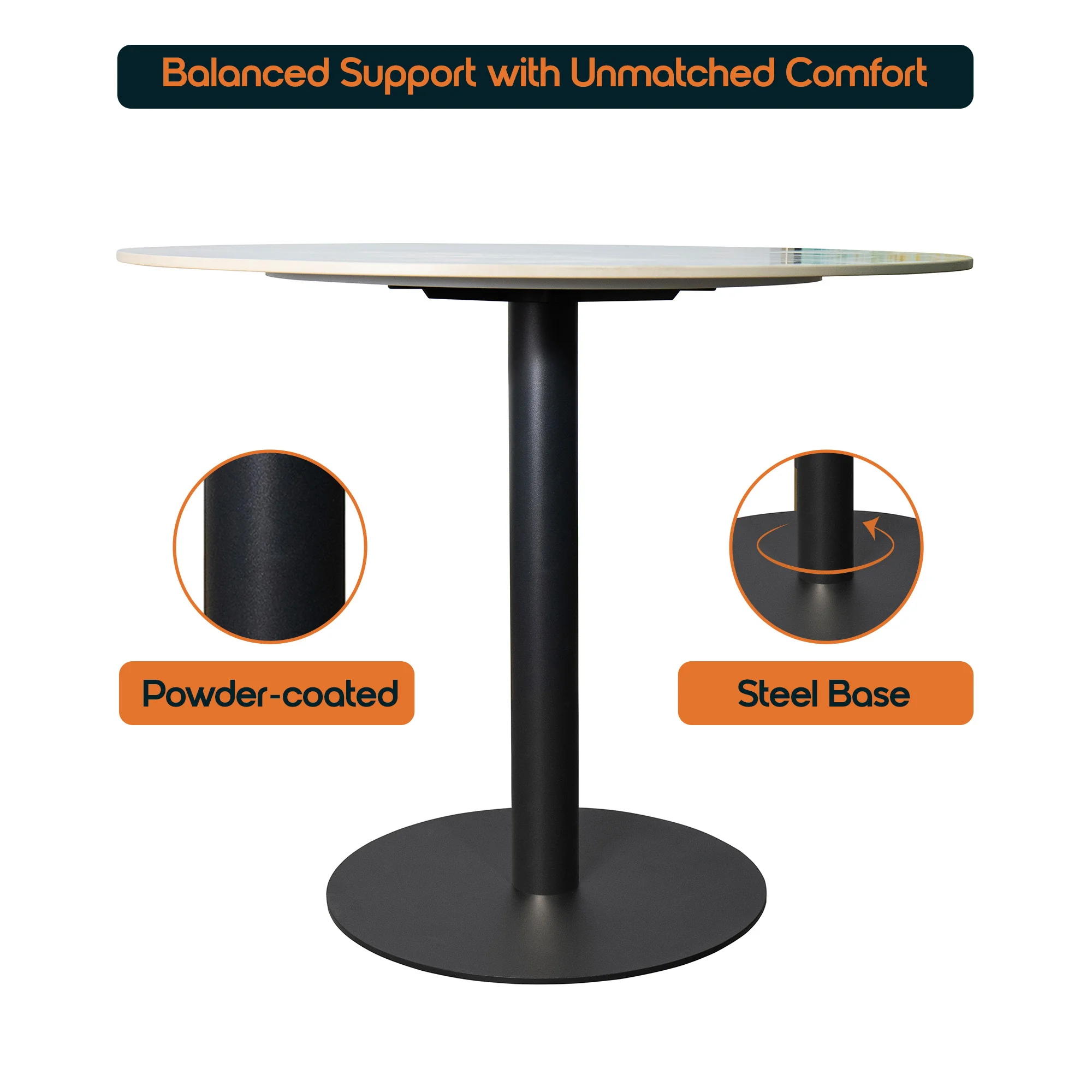 Vail Collection Dining Table Black Base With 27" Round Grey Stone Top