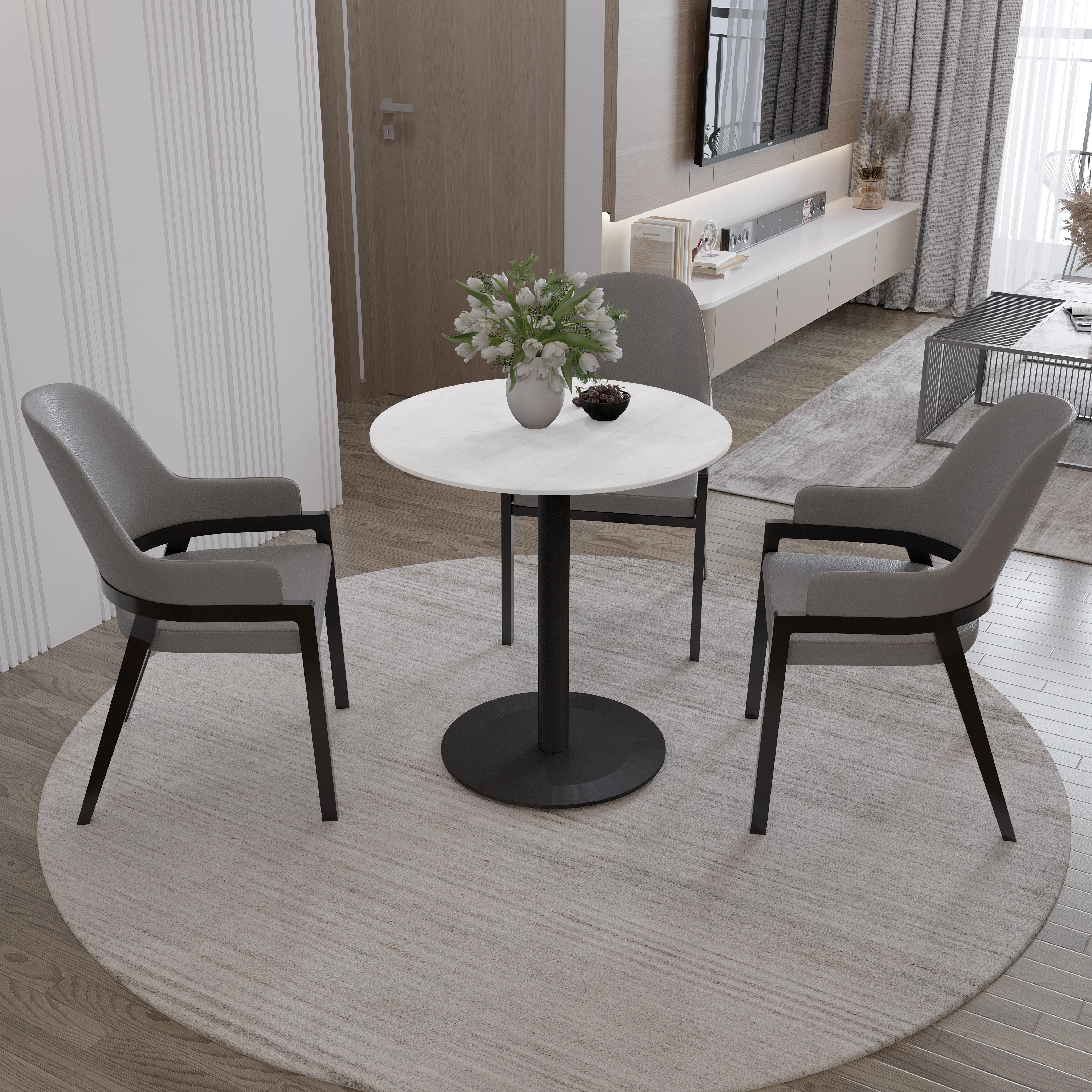 Vail Collection Dining Table Black Base With 27" Round Light Wood  Brown MDF Top