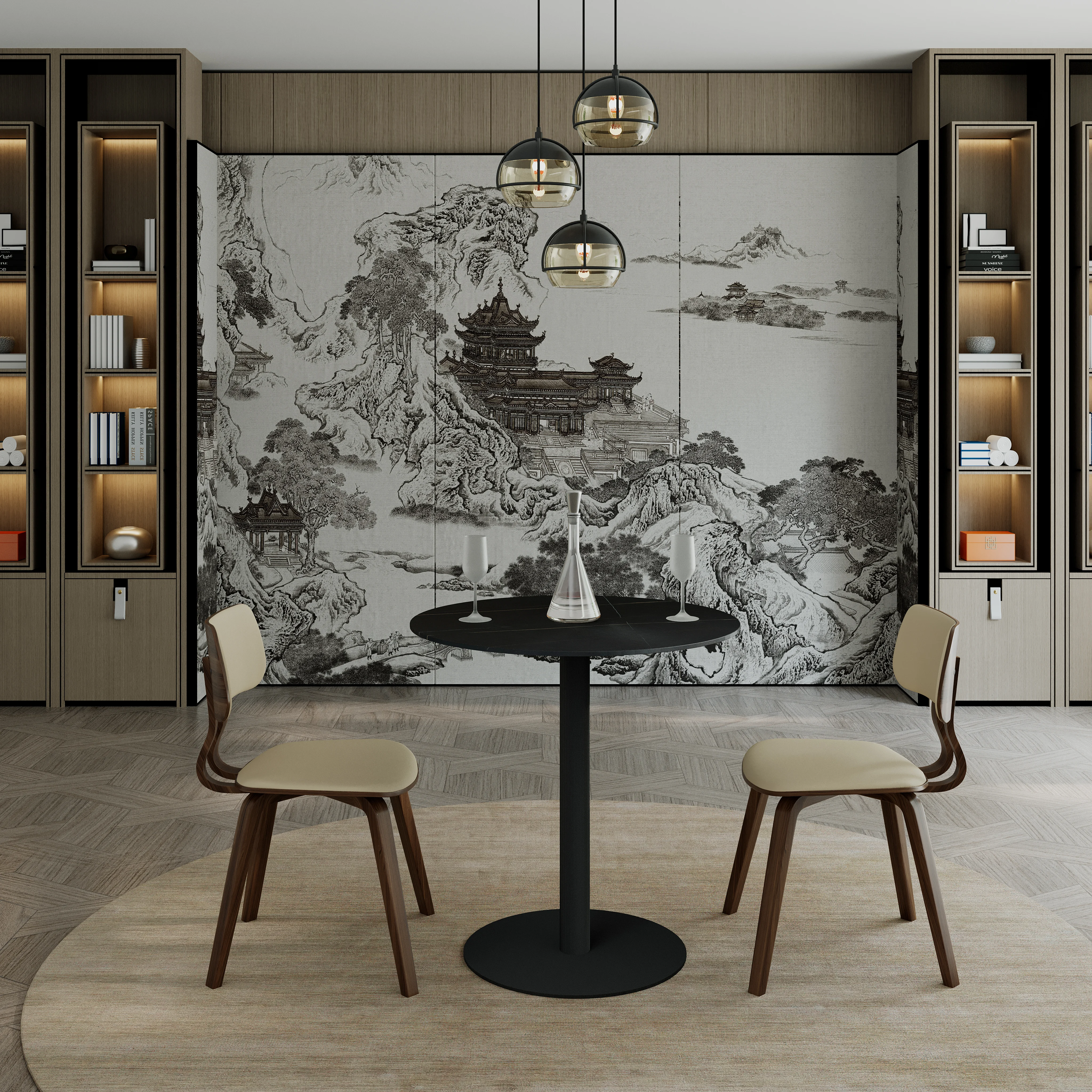 Vail Collection Dining Table Black Base With 36" Round BLack Stone  Top