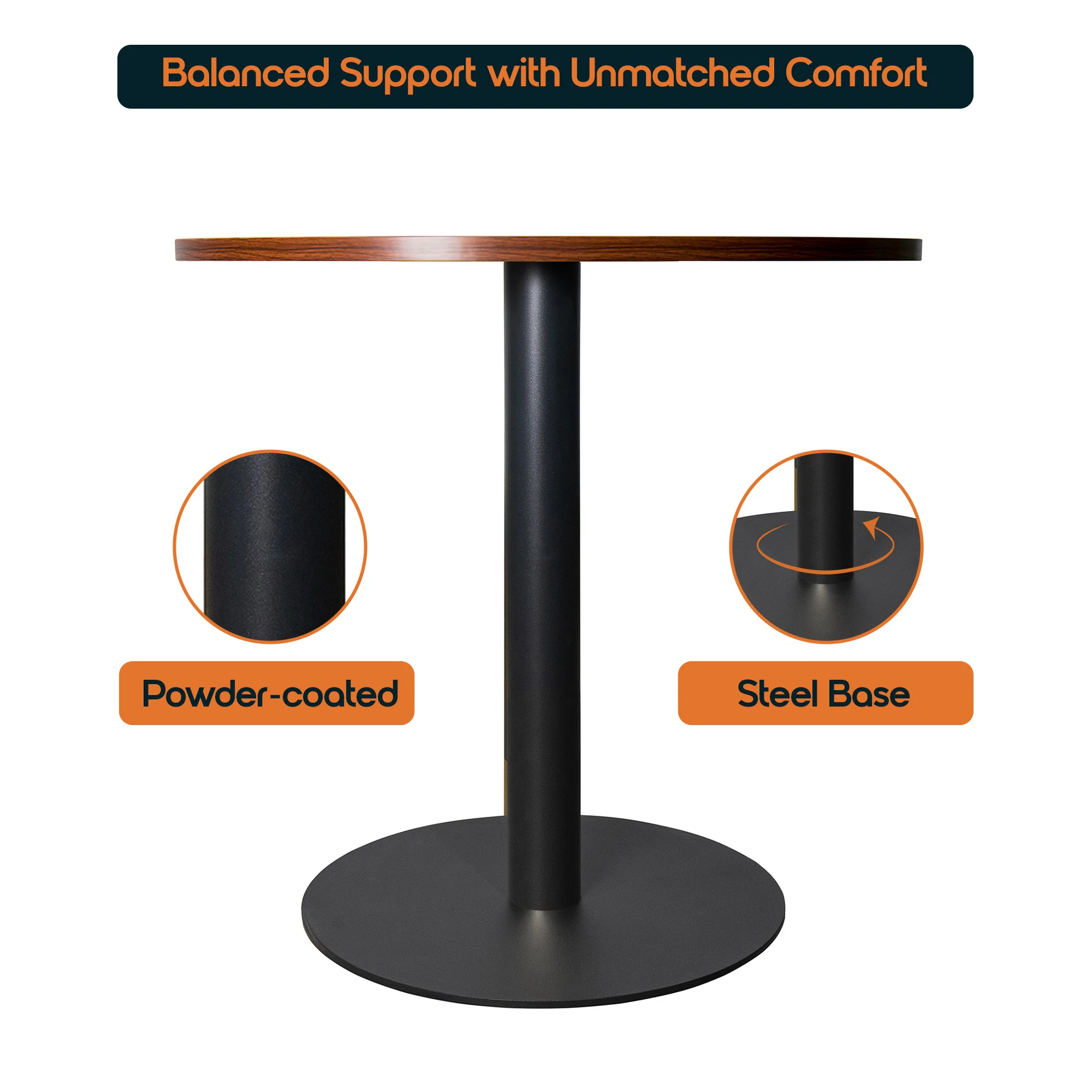 Vail Collection Dining Table Black Base With 36" Round Cognac Brown MDF Top