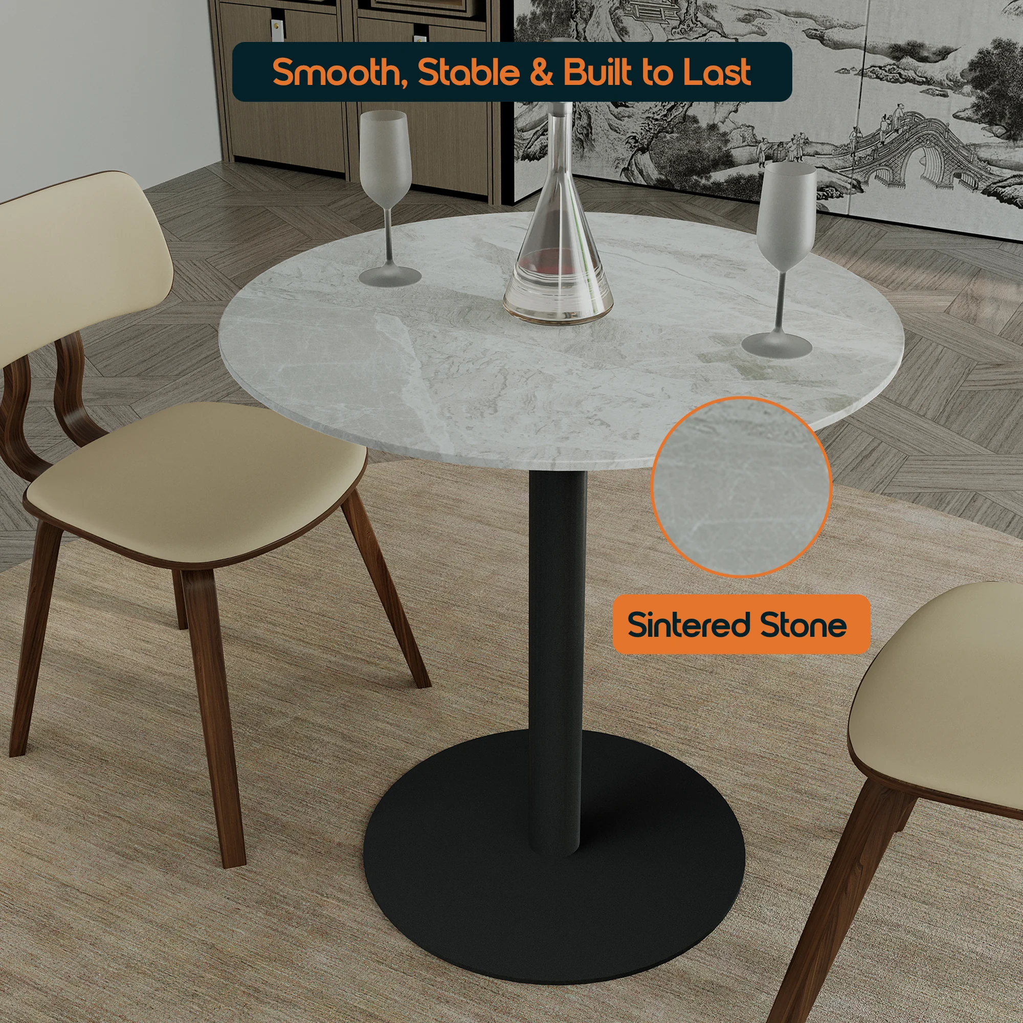 Vail Collection Dining Table Black Base With 36" Round Grey Stone Top