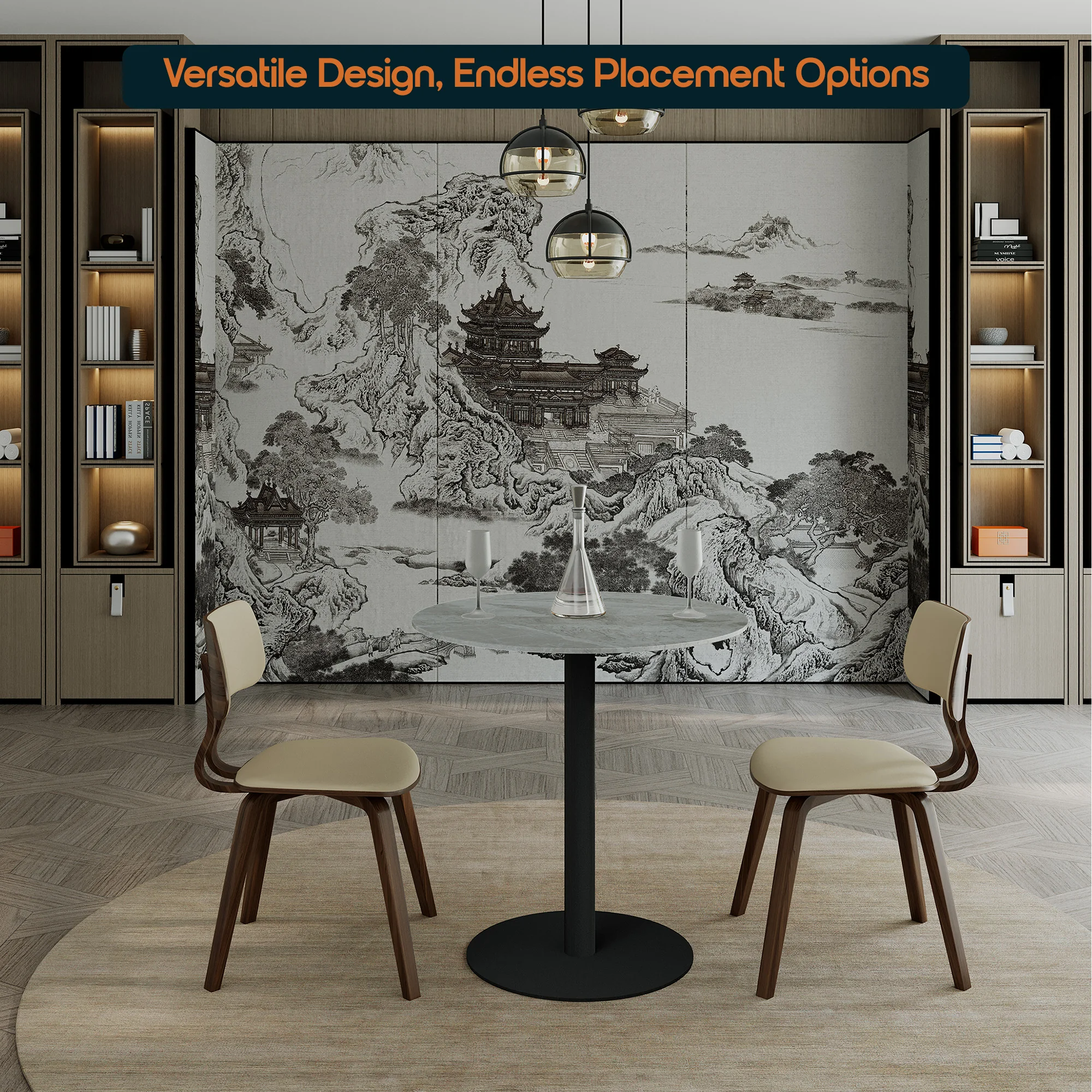 Vail Collection Dining Table Black Base With 36" Round Grey Stone Top