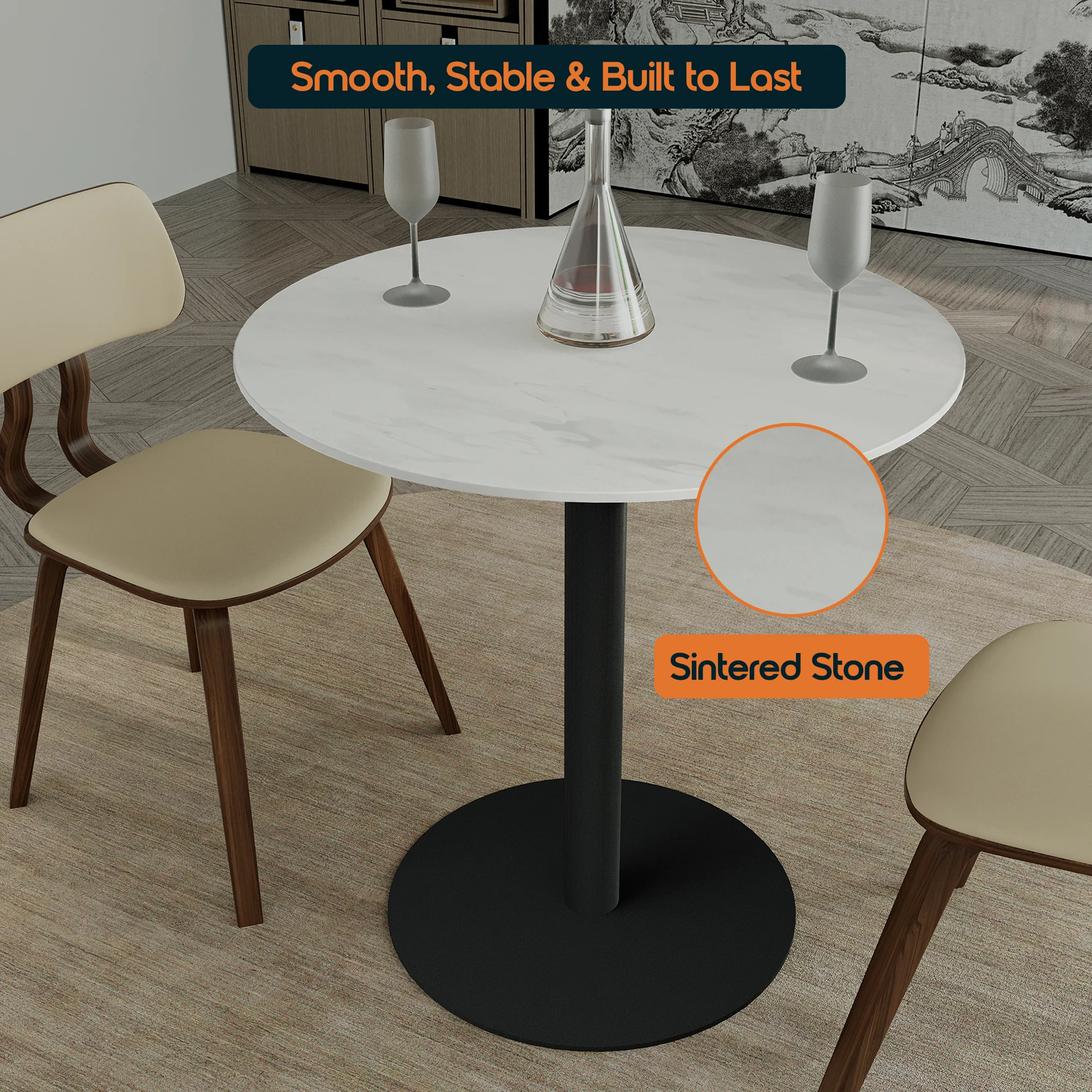 Vail Collection Dining Table Black Base With 36" Round White Stone  Top