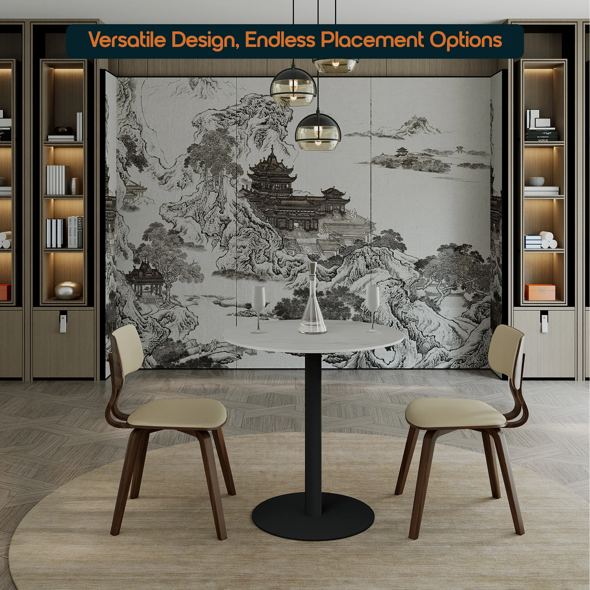 Vail Collection Dining Table Black Base With 36" Round White Stone  Top