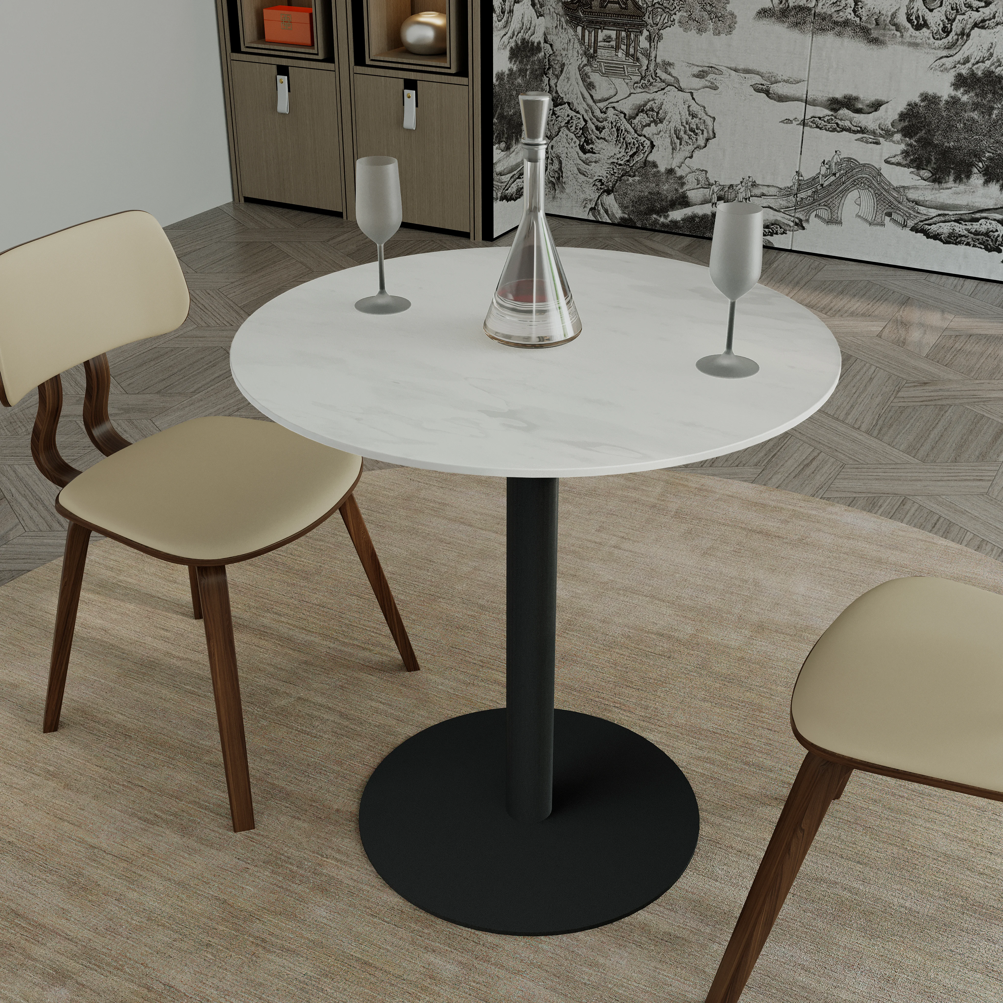 Vail Collection Dining Table Black Base With 36" Round White Stone  Top