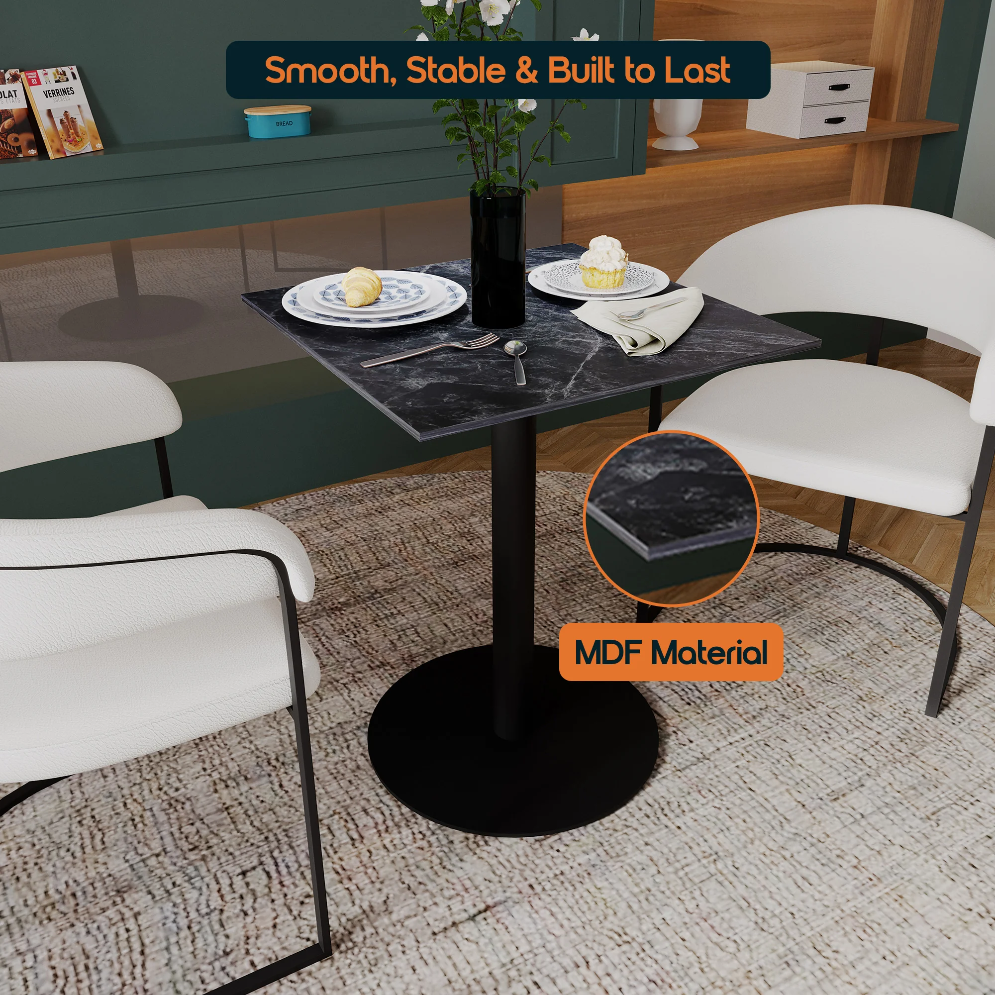 Vail Collection Dining Table Black Base With 24" Square Black MDF Top