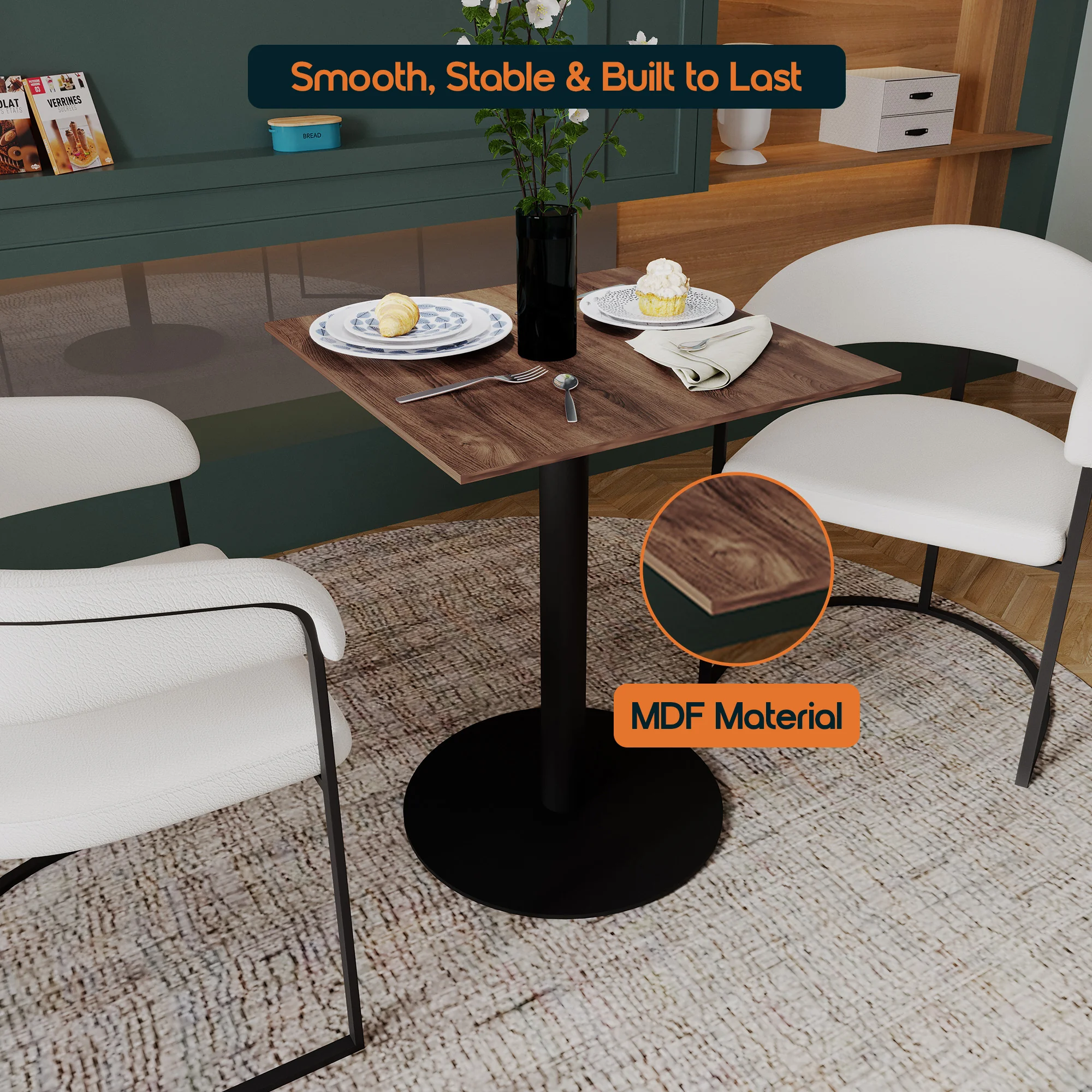 Vail Collection Dining Table Black Base With 24" Square Dark Brown MDF Top