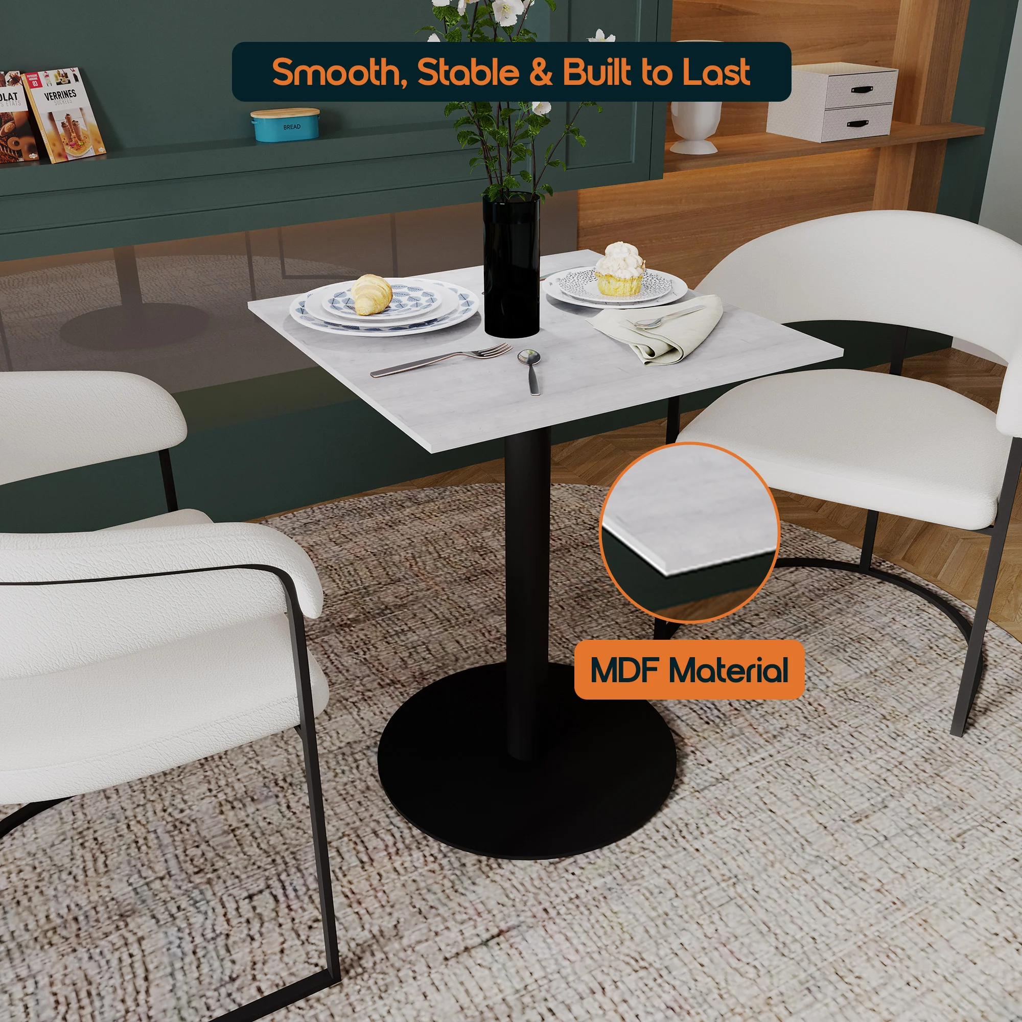 Vail Collection Dining Table Black Base With 24" Square Light Wood Brown MDF Top