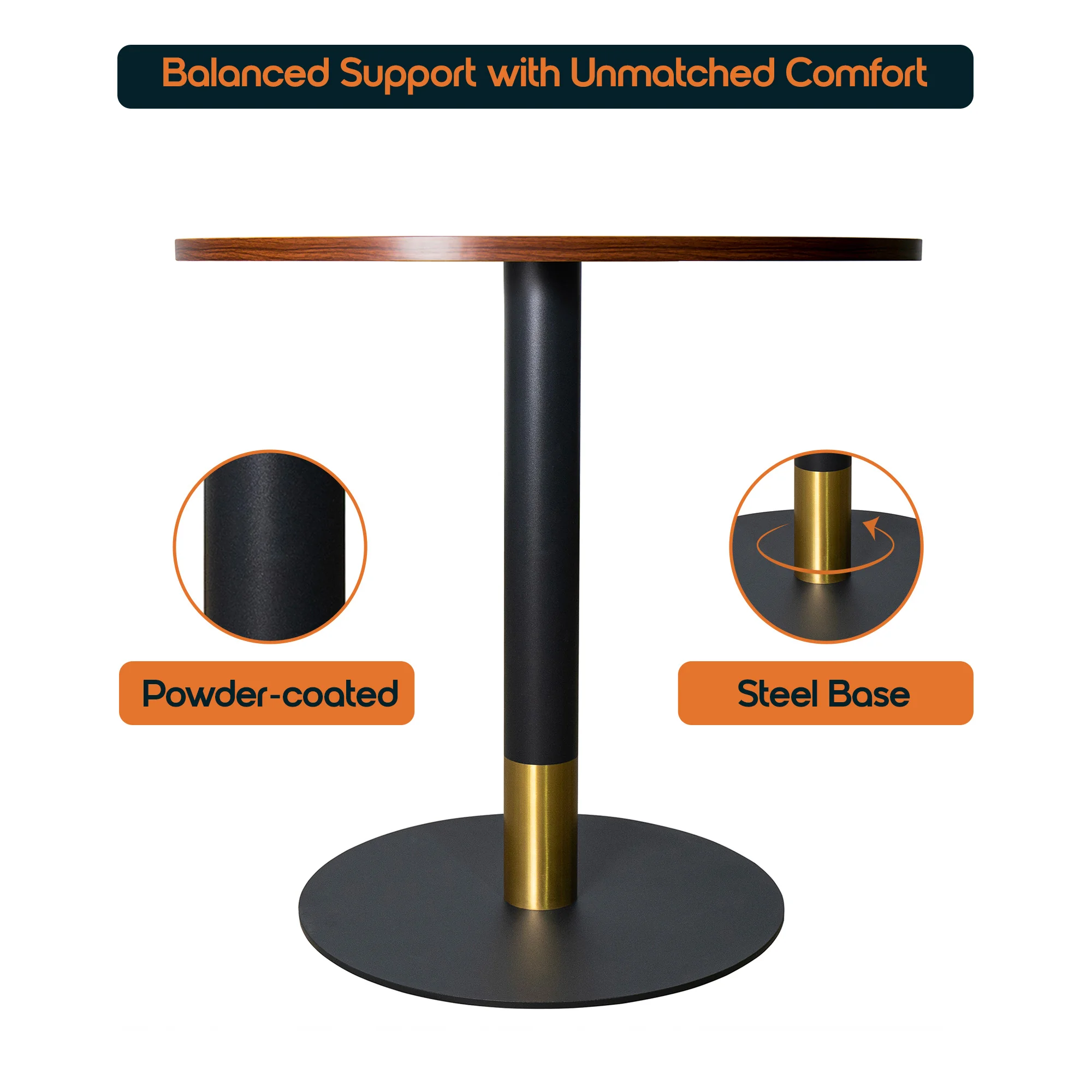 Vail Collection Dining Table Black/Gold Base With 27" Round Cognac Brown MDF Top