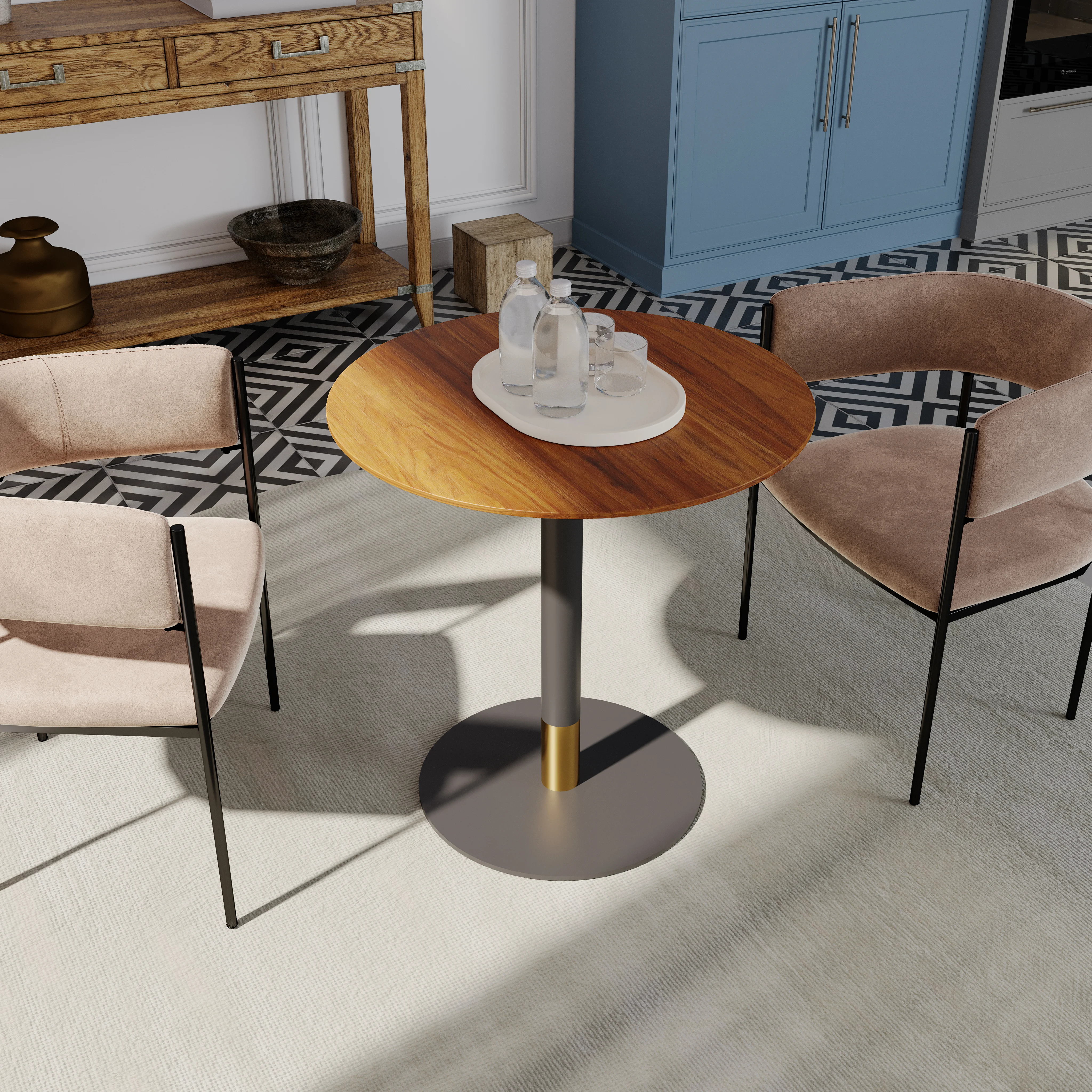 Vail Collection Dining Table Black/Gold Base With 27" Round Cognac Brown MDF Top