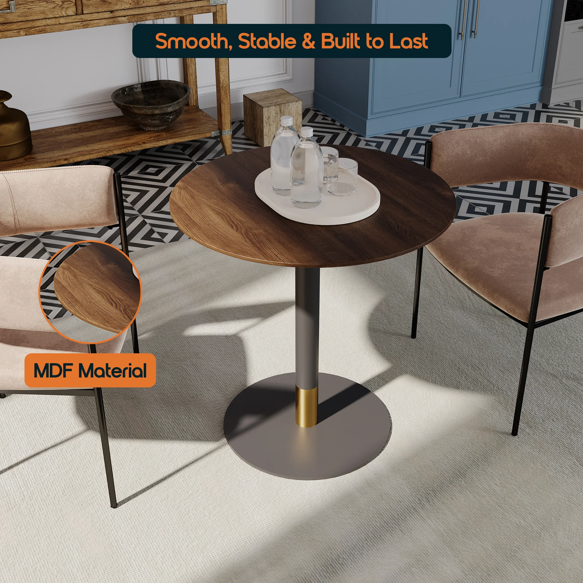 Vail Collection Dining Table Black/Gold Base With 27" Round Dark Brown MDF Top