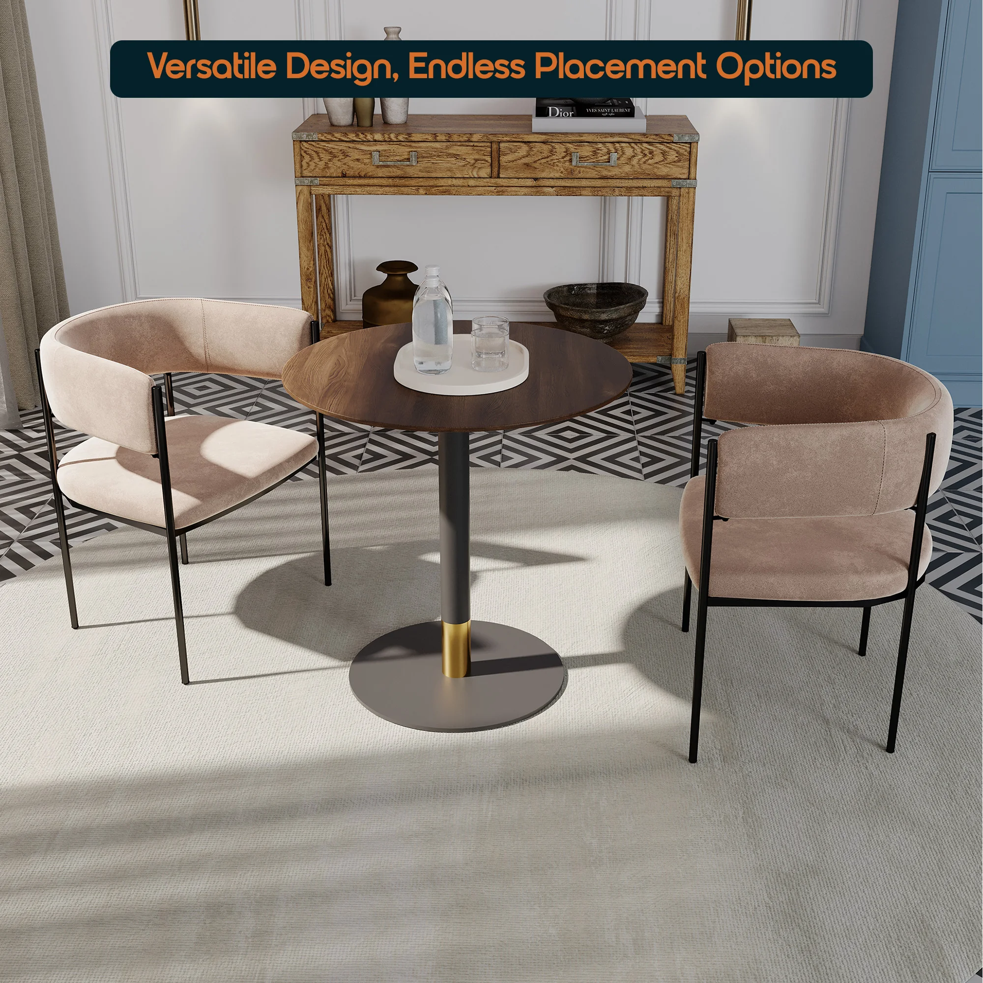 Vail Collection Dining Table Black/Gold Base With 27" Round Dark Brown MDF Top