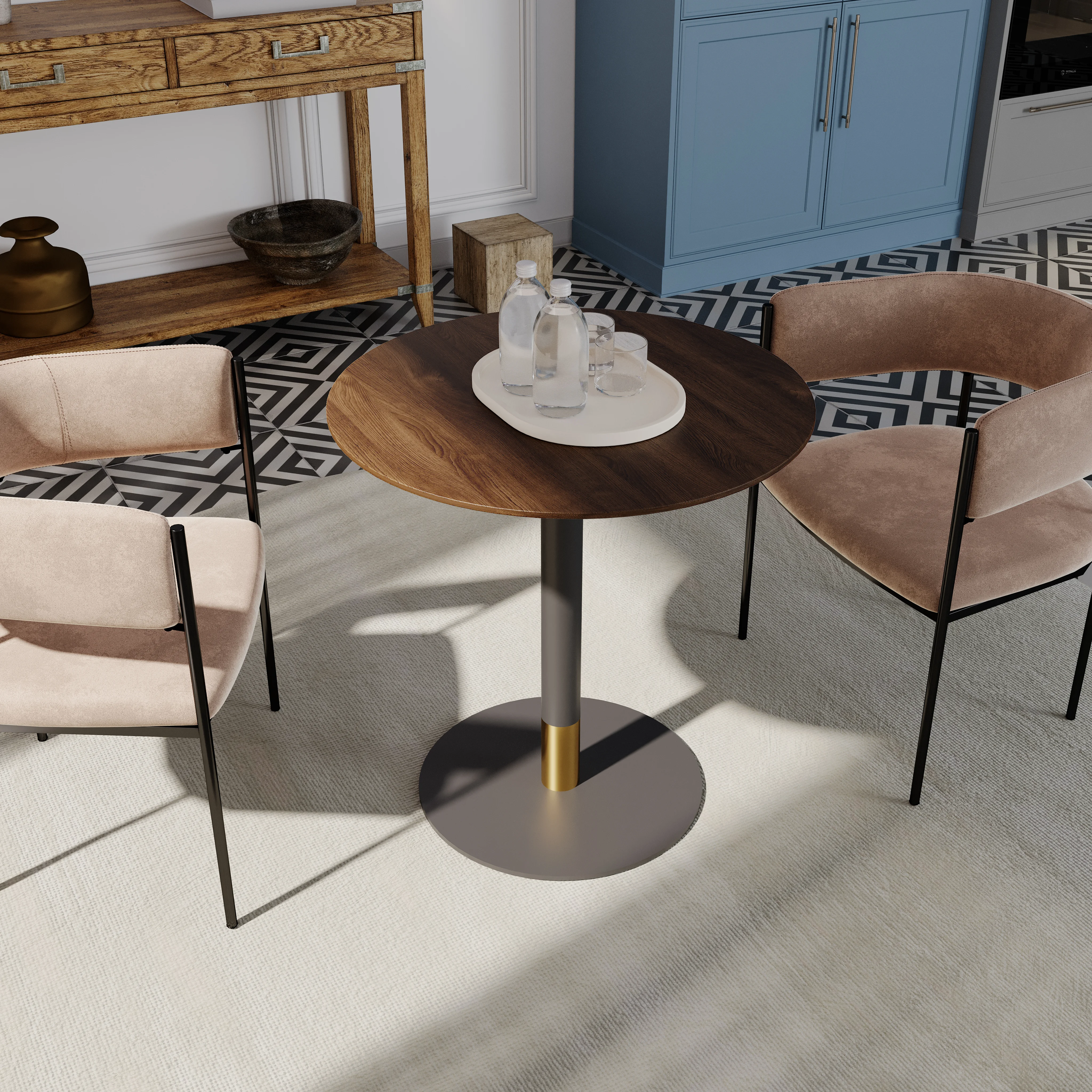 Vail Collection Dining Table Black/Gold Base With 27" Round Dark Brown MDF Top