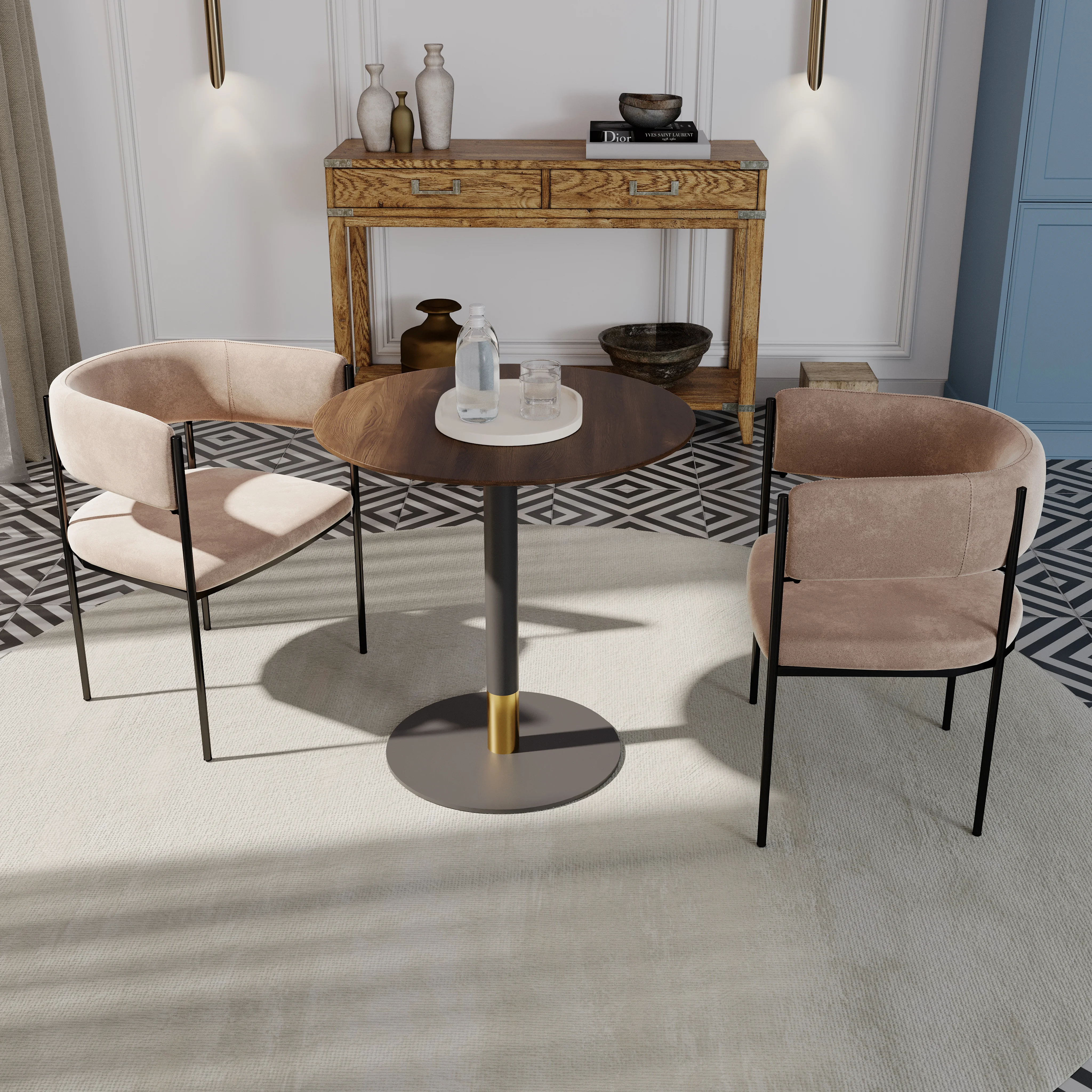 Vail Collection Dining Table Black/Gold Base With 27" Round Dark Brown MDF Top