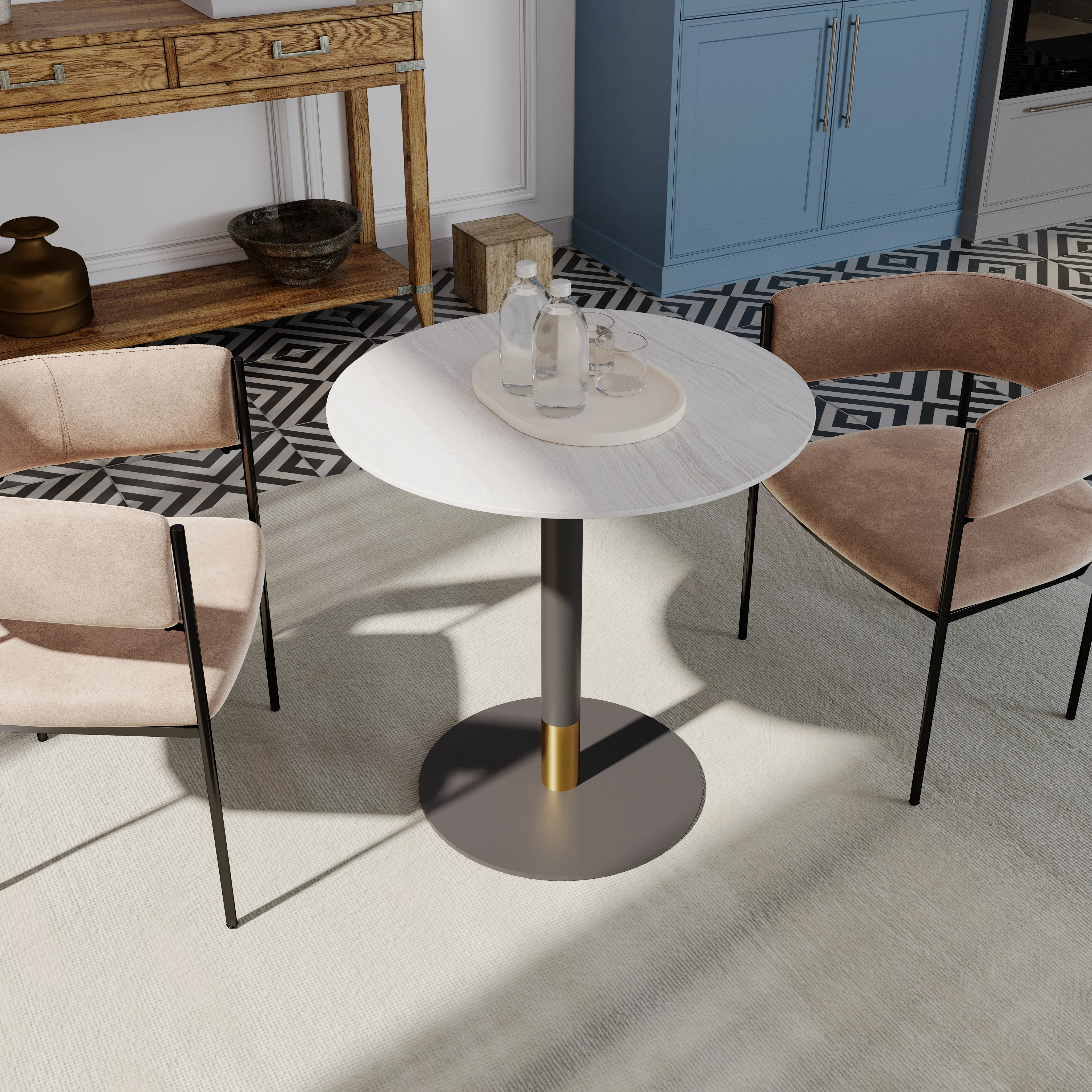 Vail Collection Dining Table Black/Gold Base With 27" Round Light Wood Brown MDF Top