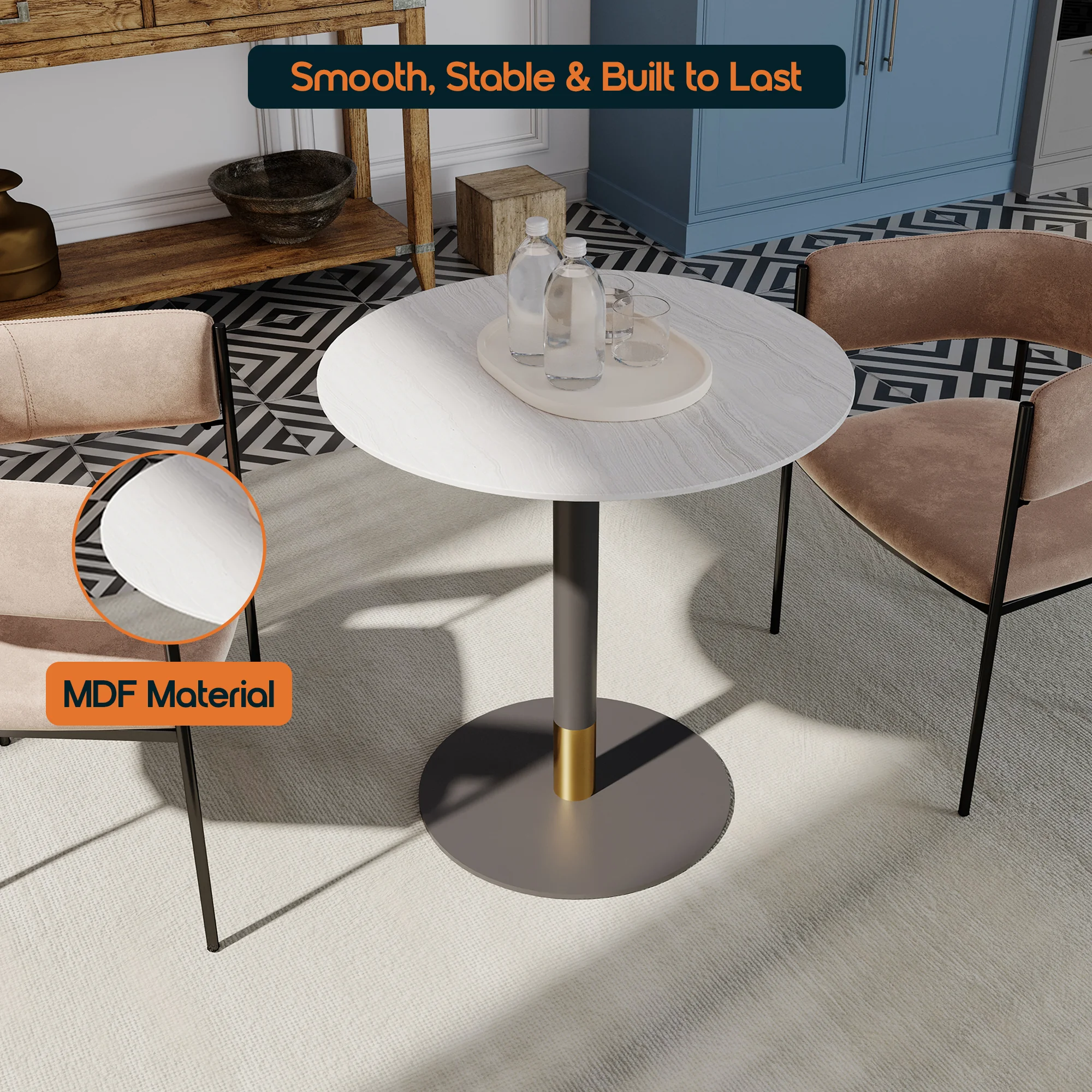 Vail Collection Dining Table Black/Gold Base With 27" Round Light Wood Brown MDF Top