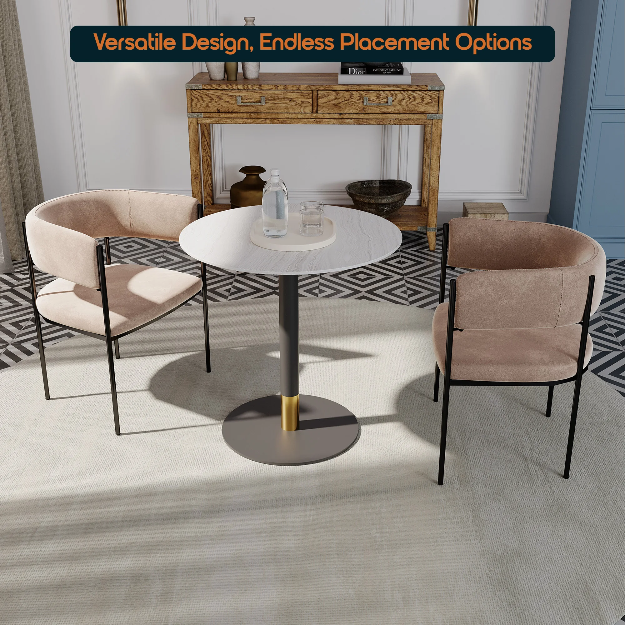 Vail Collection Dining Table Black/Gold Base With 27" Round Light Wood Brown MDF Top