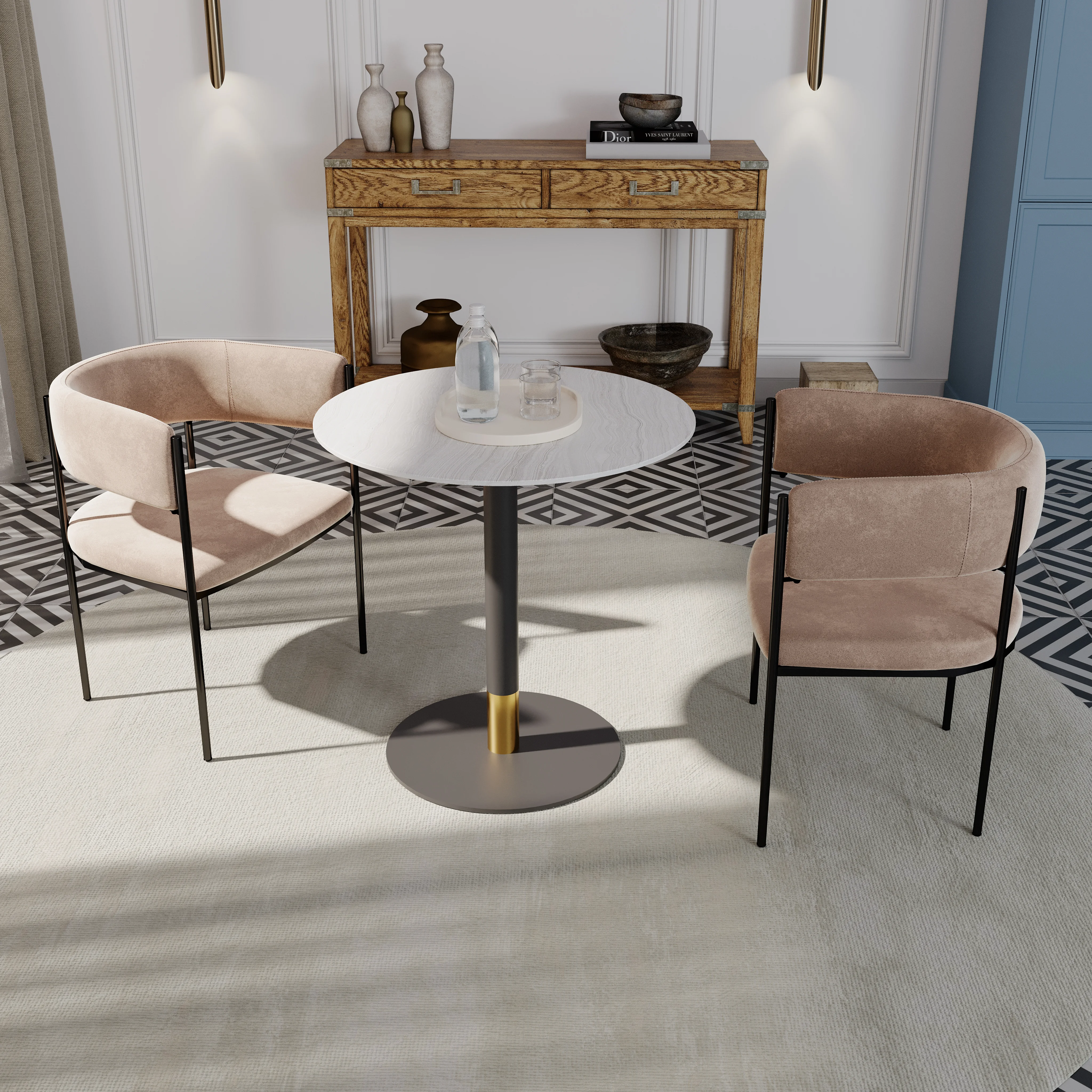 Vail Collection Dining Table Black/Gold Base With 27" Round Light Wood Brown MDF Top