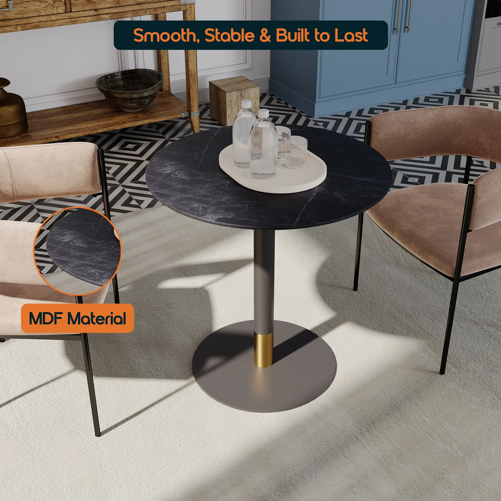 Vail Collection Dining Table Black/Gold Base With 36" Round Black MDF Top