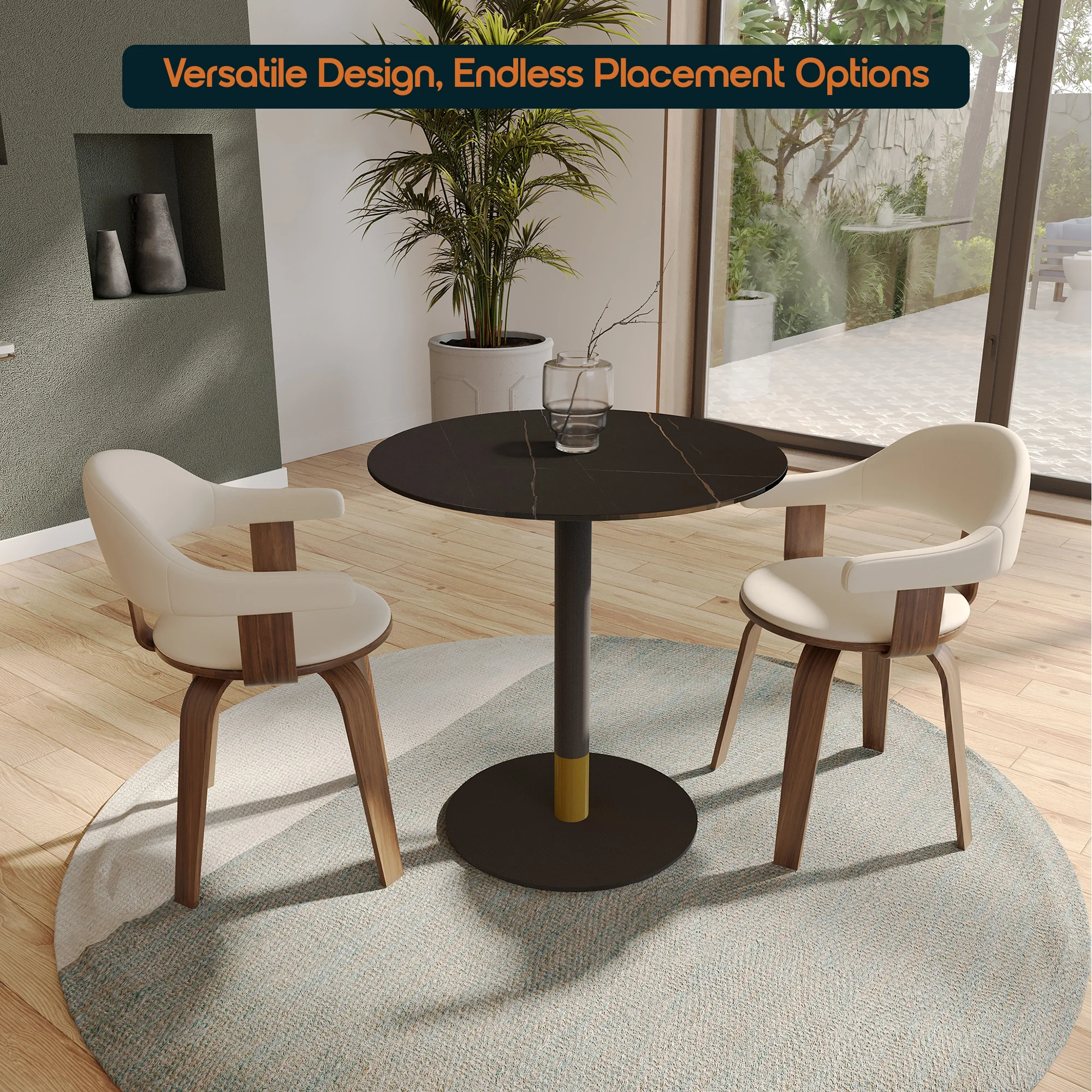 Vail Collection Dining Table Black/Gold Base With 36" Round BLack Stone Top