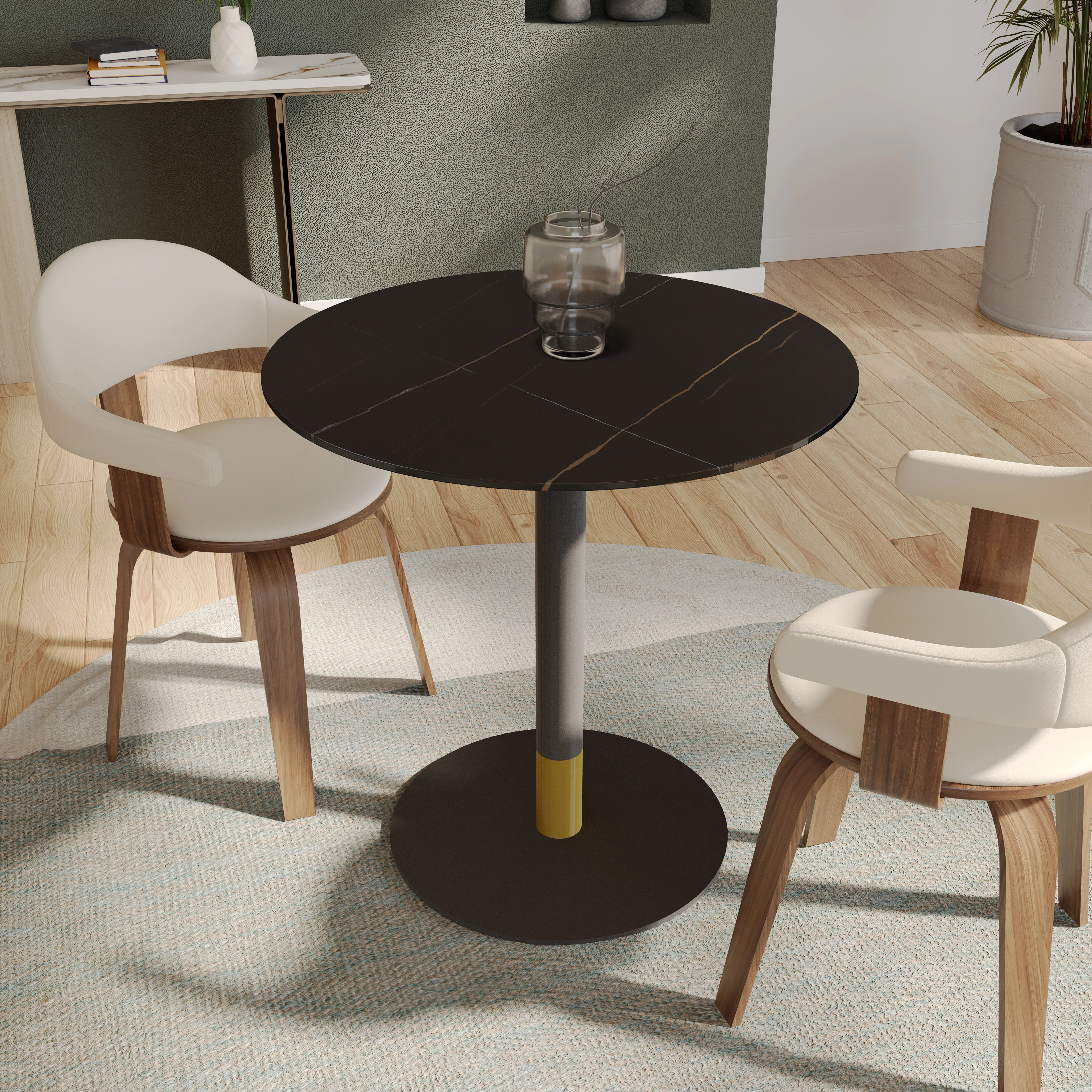 Vail Collection Dining Table Black/Gold Base With 36" Round BLack Stone Top