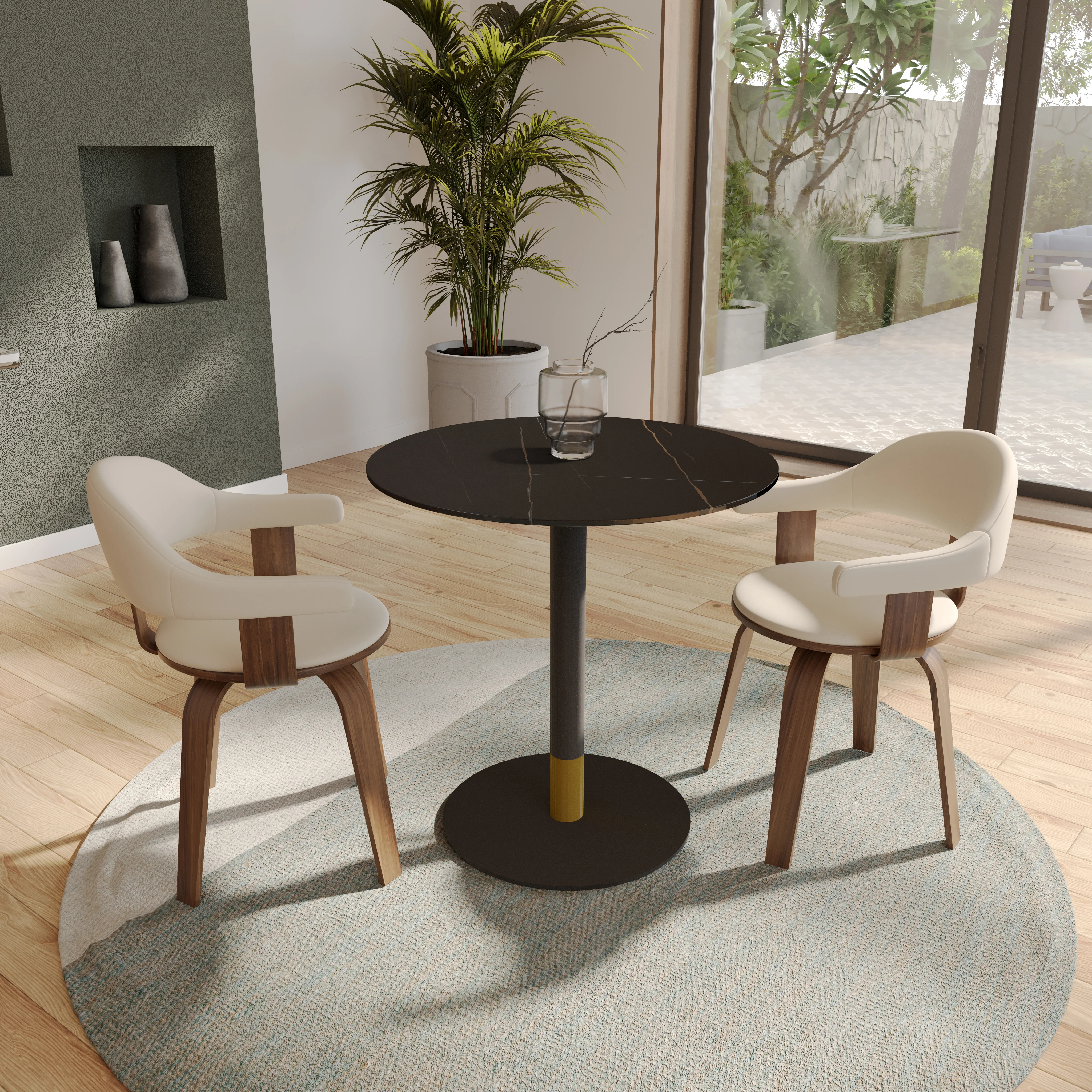 Vail Collection Dining Table Black/Gold Base With 36" Round BLack Stone Top