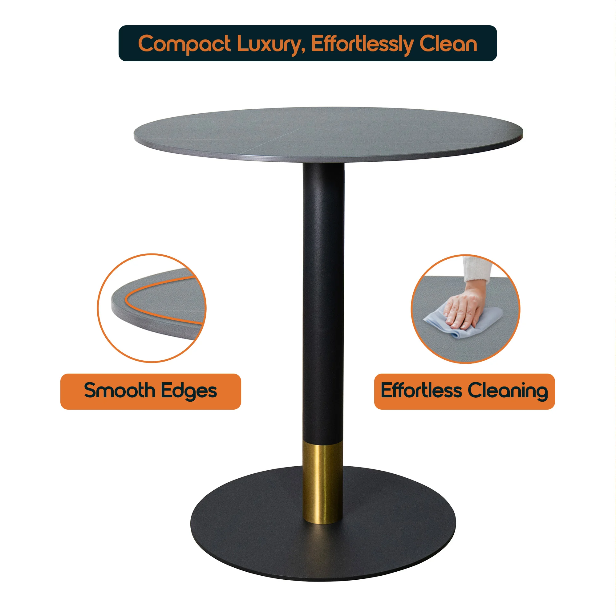 Vail Collection Dining Table Black/Gold Base With 36" Round BLack Stone Top