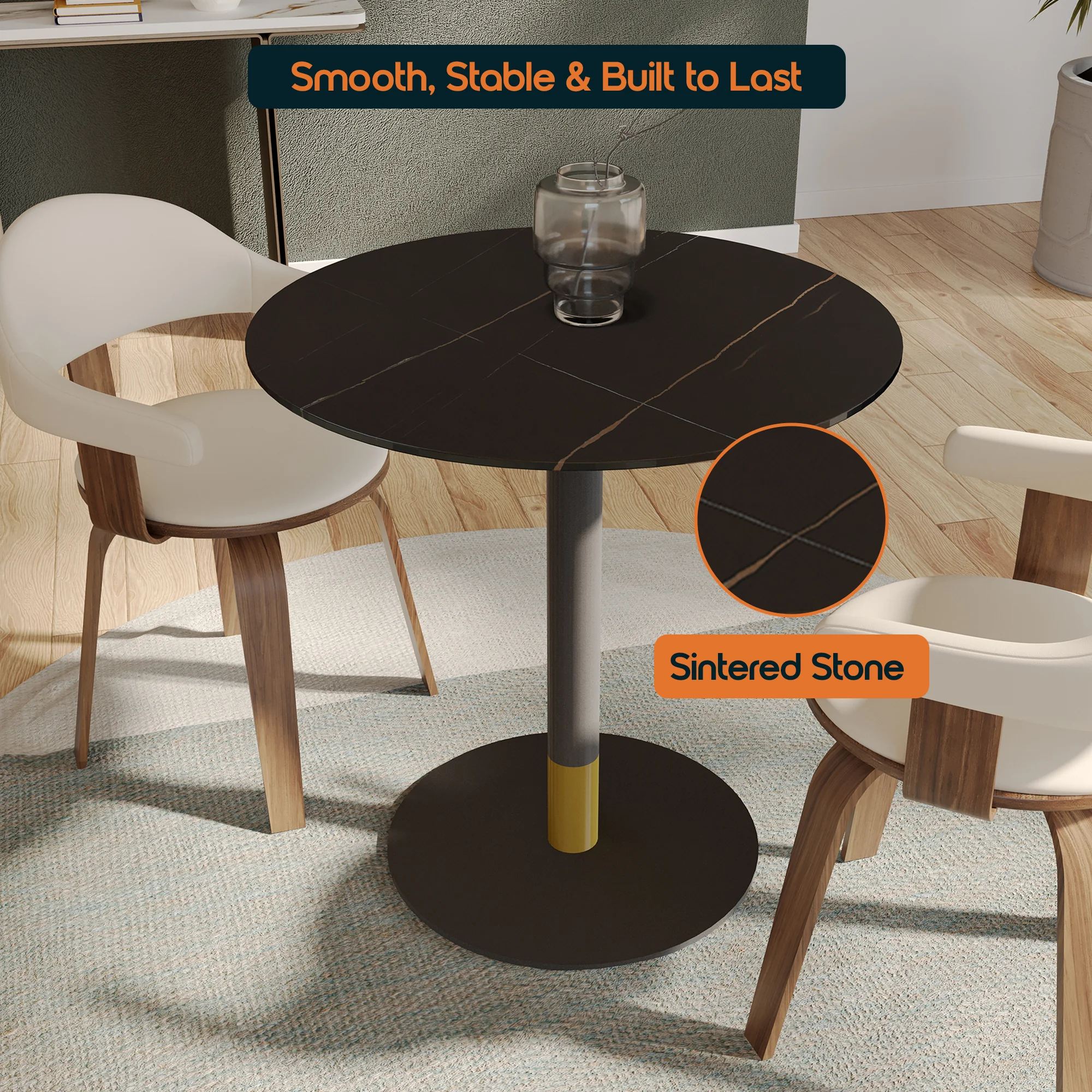 Vail Collection Dining Table Black/Gold Base With 36" Round BLack Stone Top