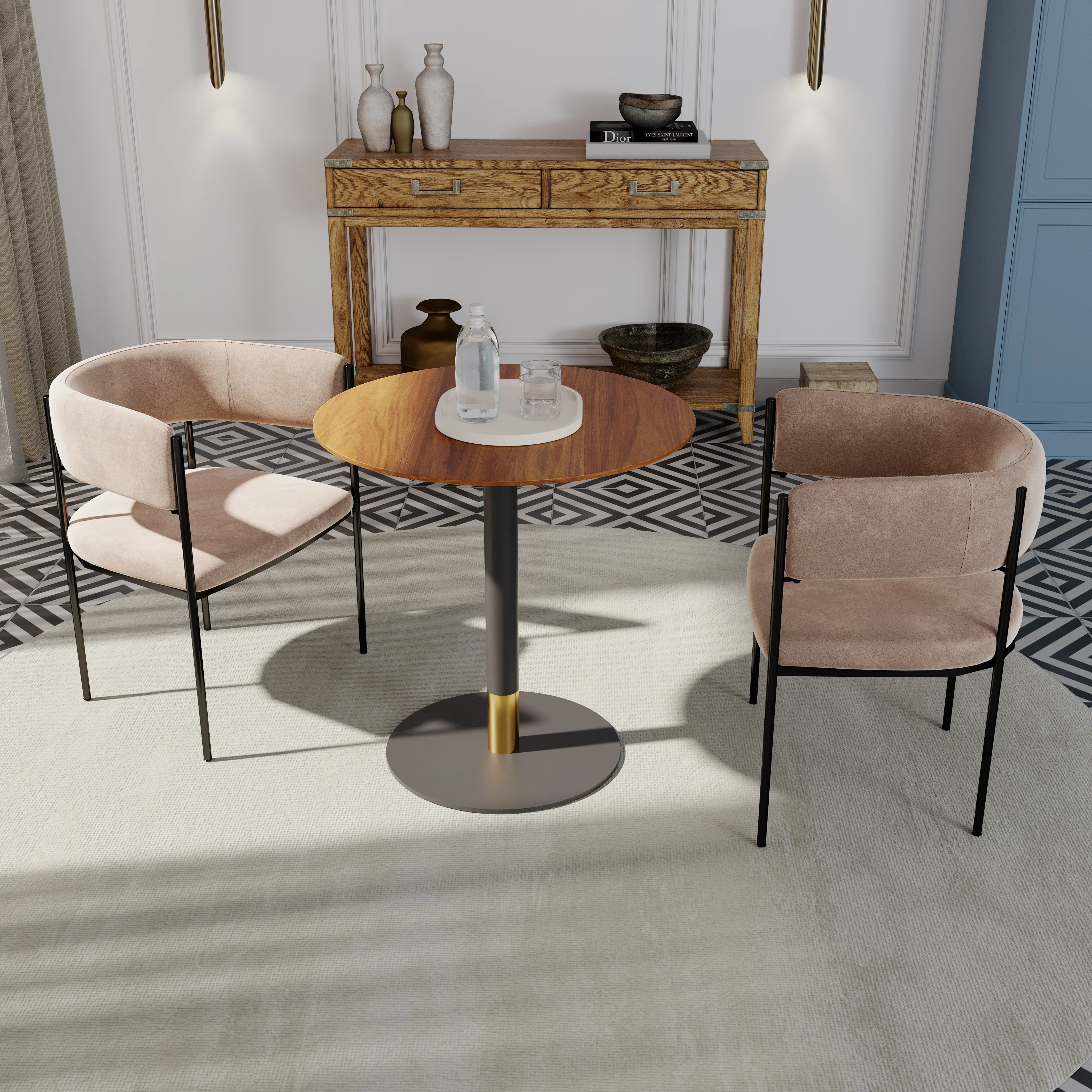 Vail Collection Dining Table Black/Gold Base With 36" Round Cognac Brown MDF Top