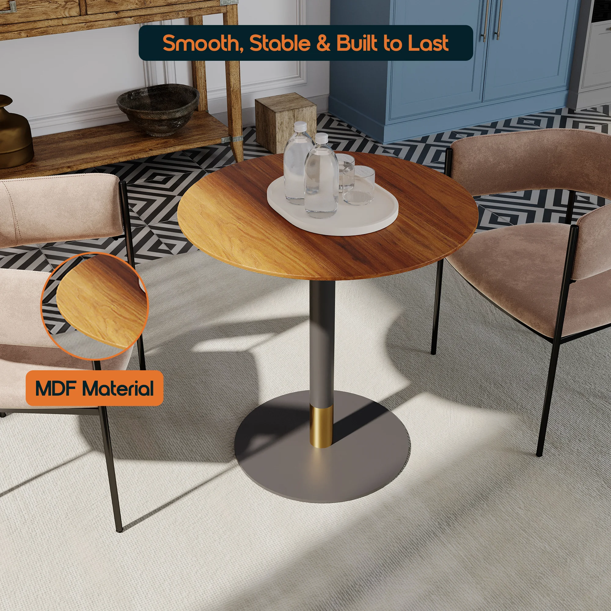 Vail Collection Dining Table Black/Gold Base With 36" Round Cognac Brown MDF Top