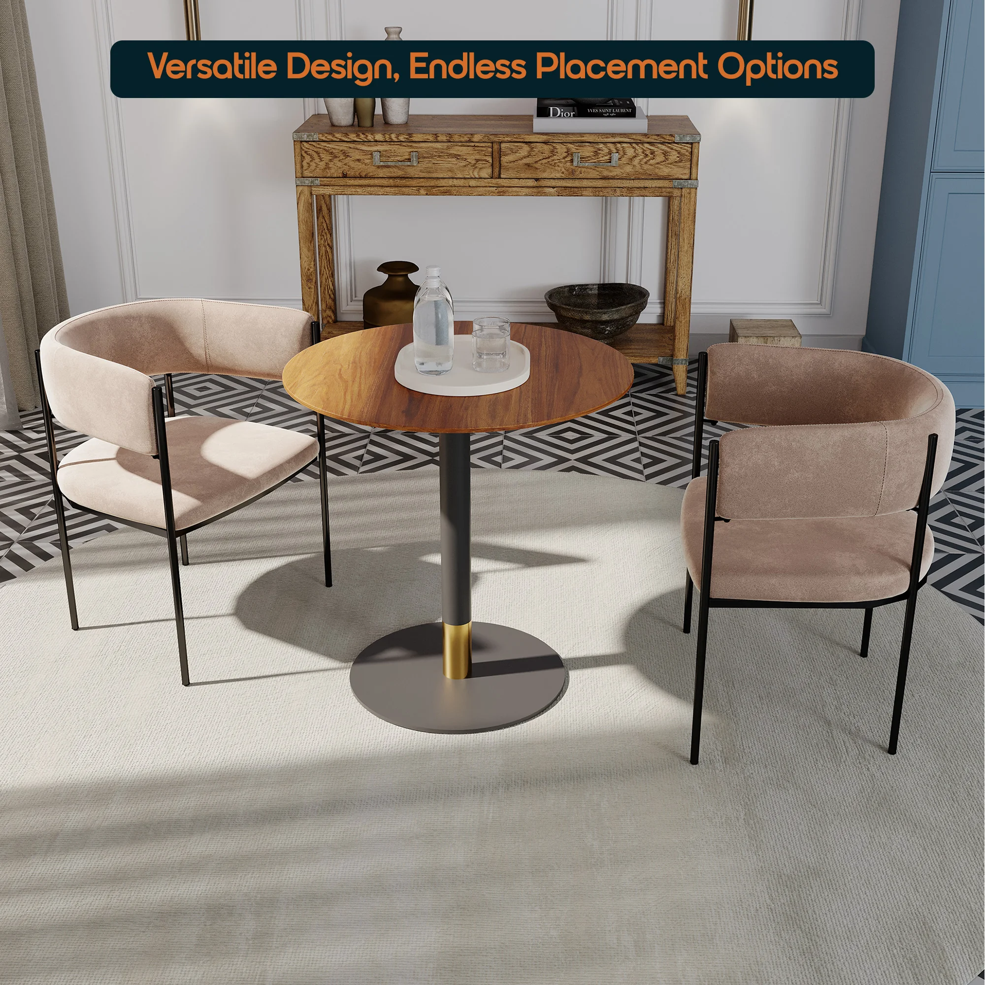 Vail Collection Dining Table Black/Gold Base With 36" Round Cognac Brown MDF Top