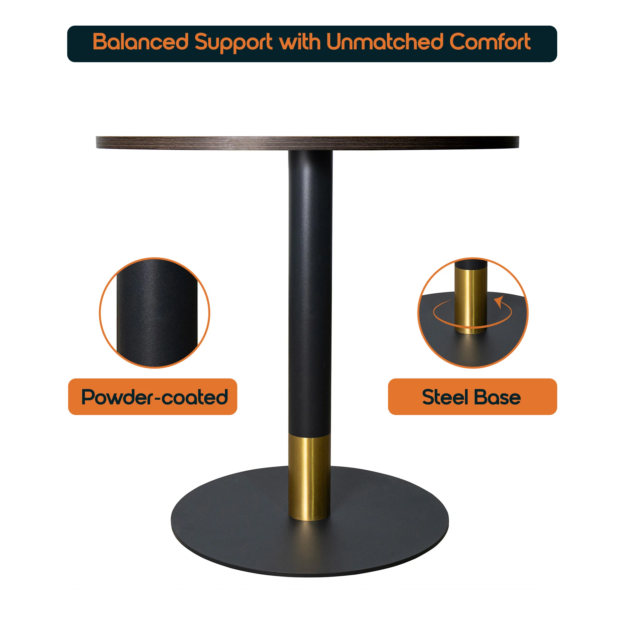 Vail Collection Dining Table Black/Gold Base With 36" Round Dark Brown MDF Top