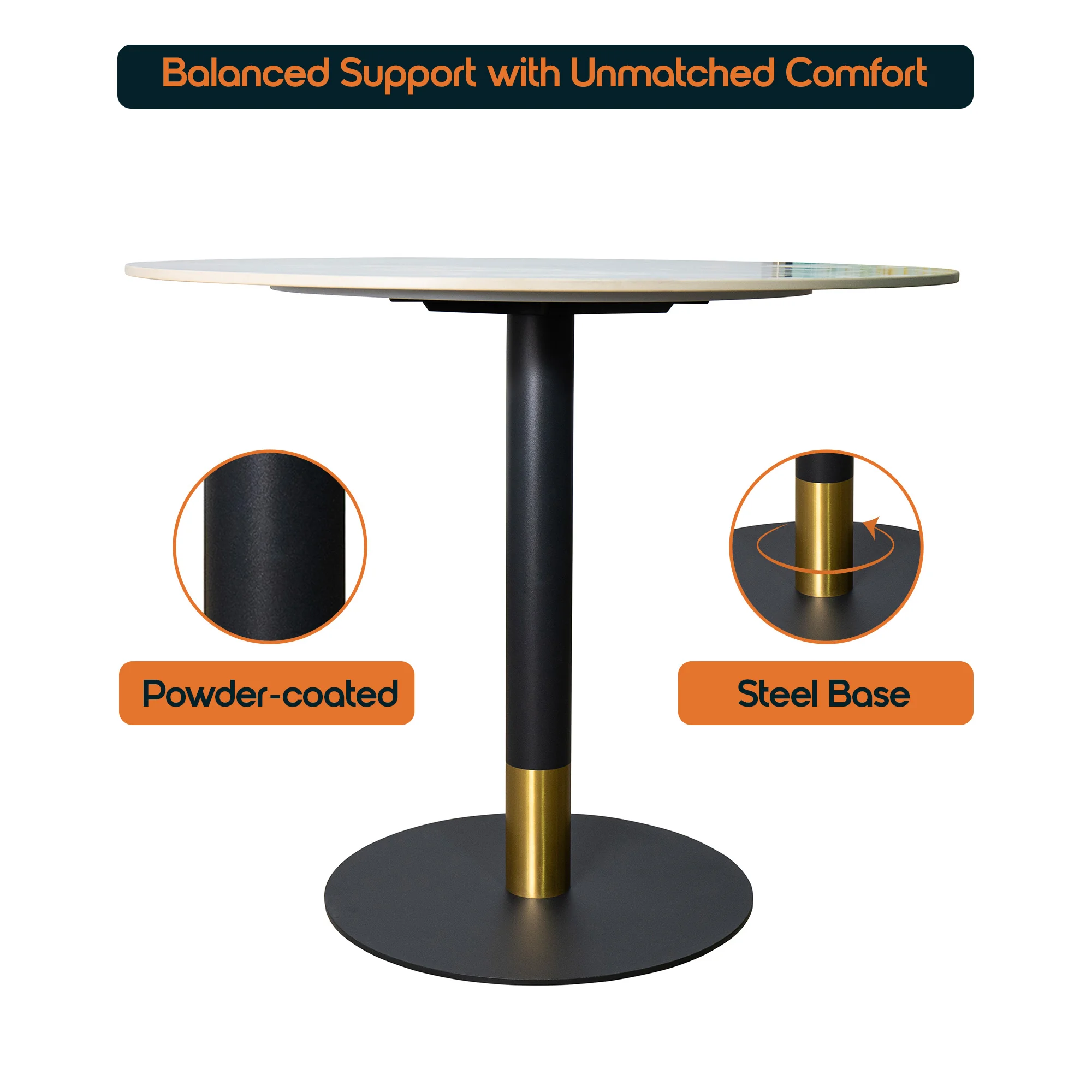 Vail Collection Dining Table Black/Gold Base With 36" Round Grey Stone Top