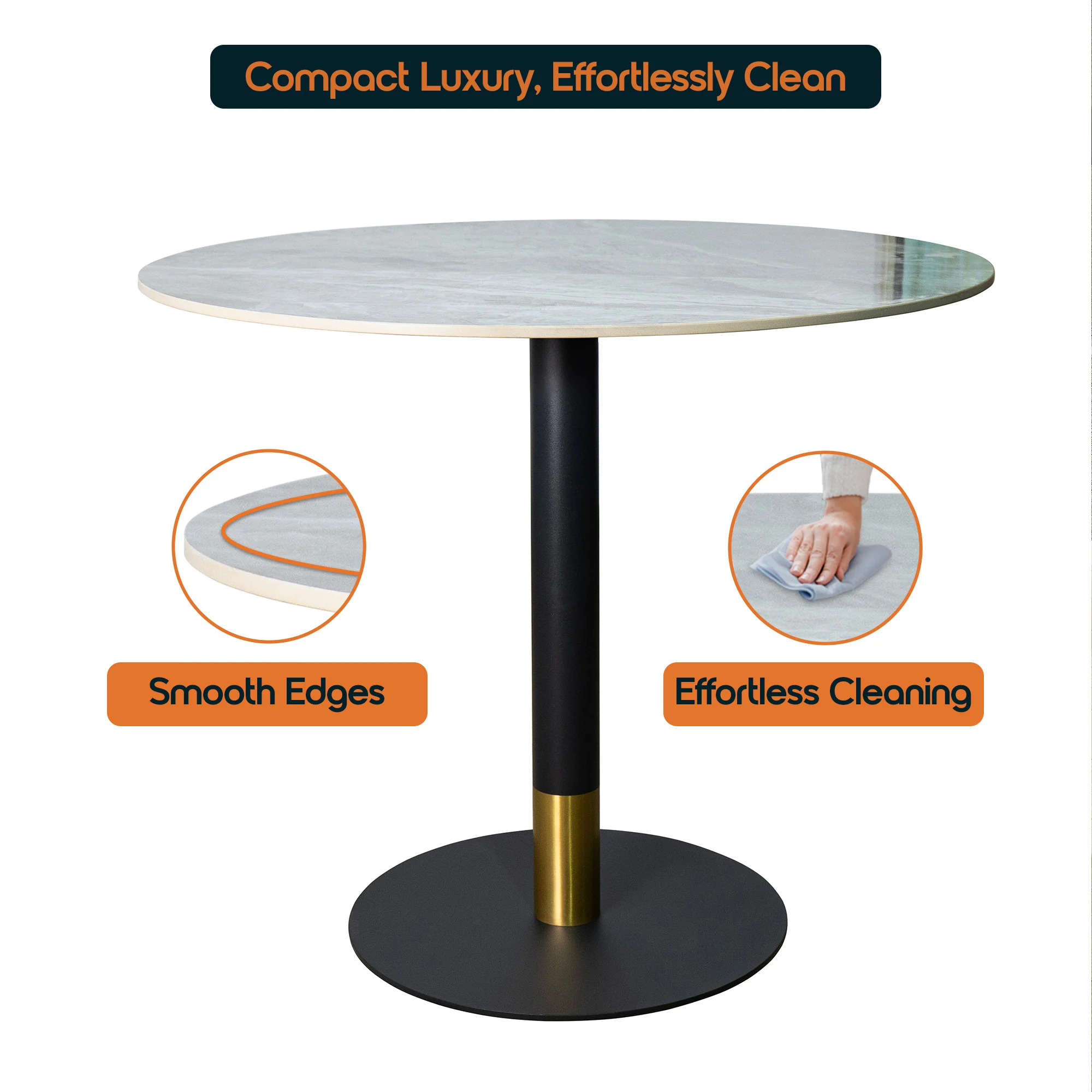Vail Collection Dining Table Black/Gold Base With 36" Round Grey Stone Top