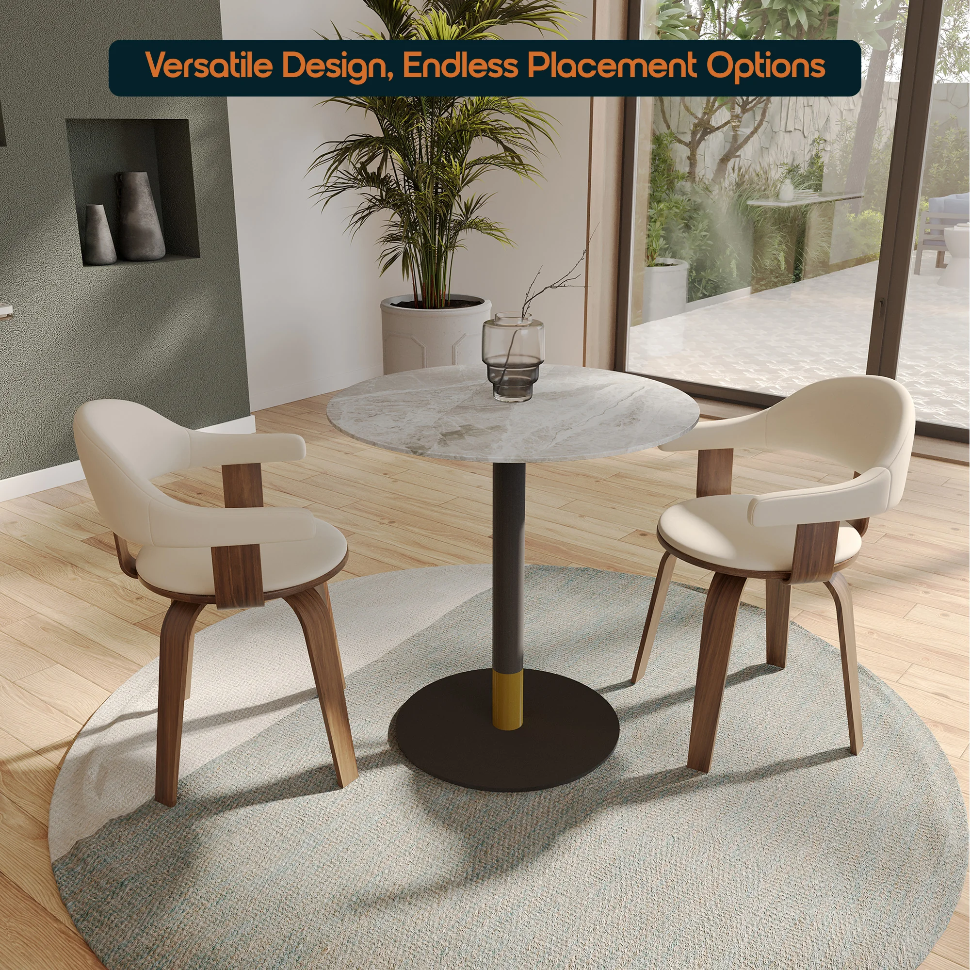 Vail Collection Dining Table Black/Gold Base With 36" Round Grey Stone Top