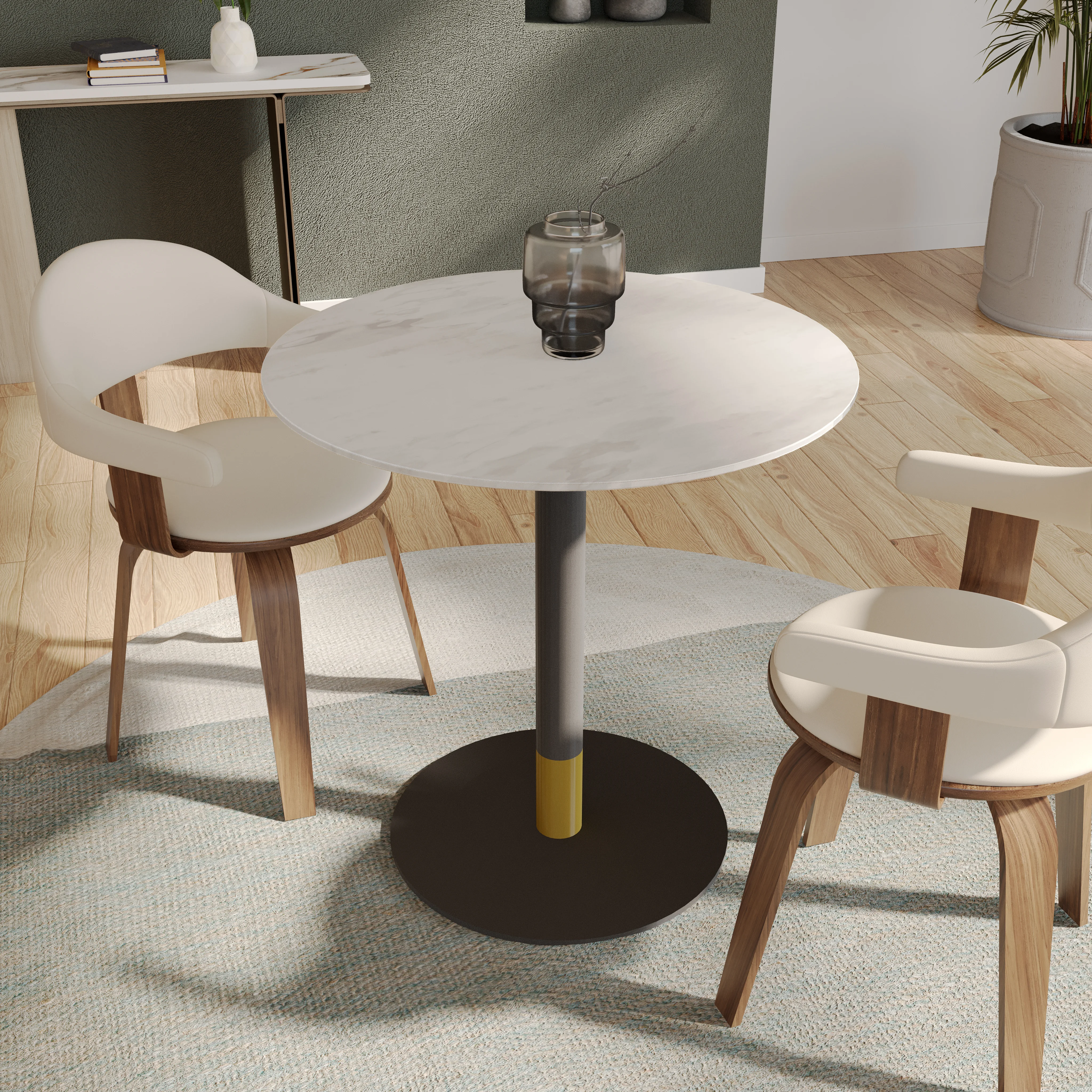 Vail Collection Dining Table Black/Gold Base With 36" Round White Stone Top