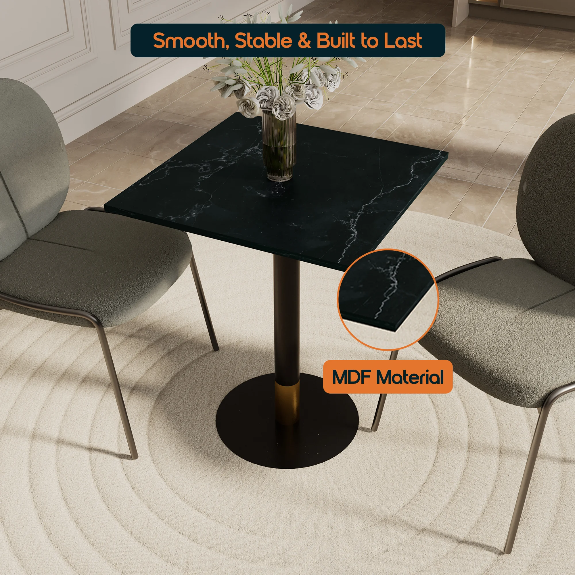 Vail Collection Dining Table Black/Gold Base With 24" Square Black MDF Top