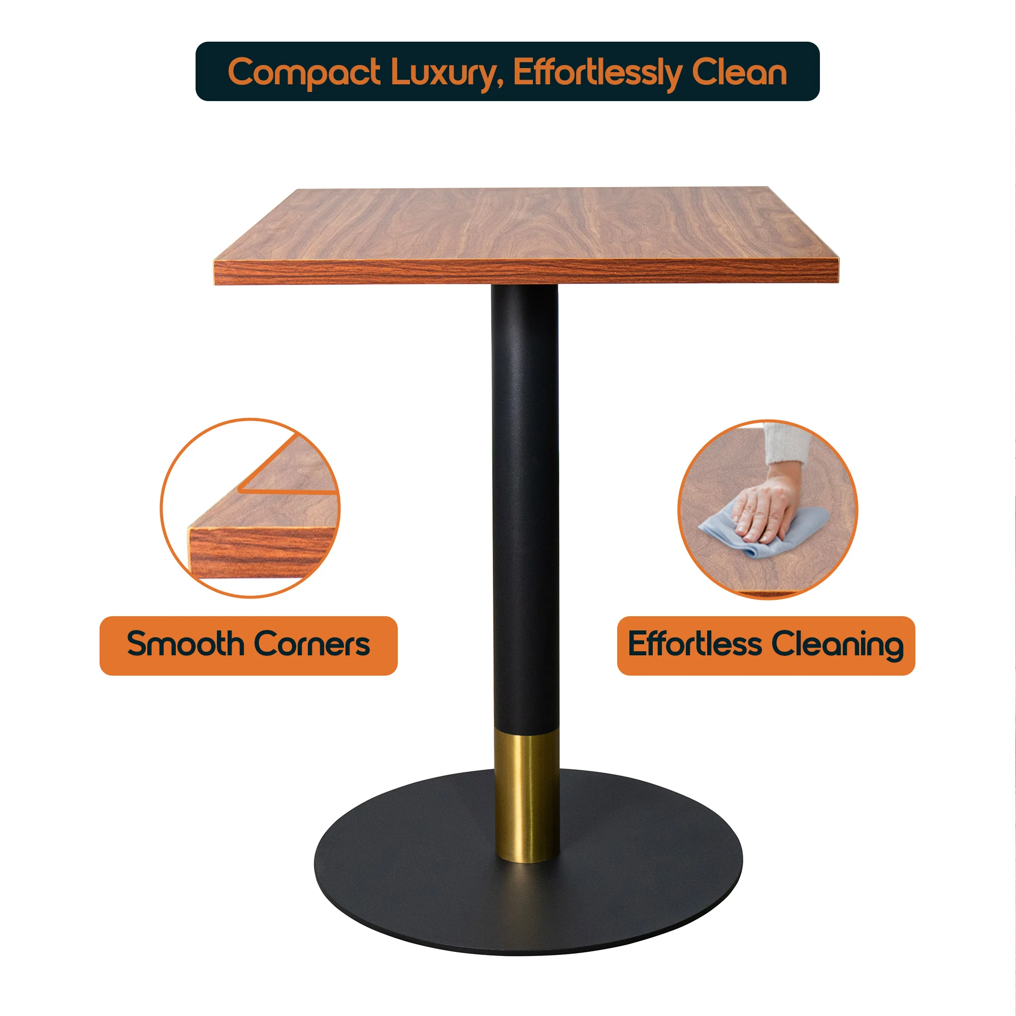 Vail Collection Dining Table Black/Gold Base With 24" Square Cognac Brown MDF Top