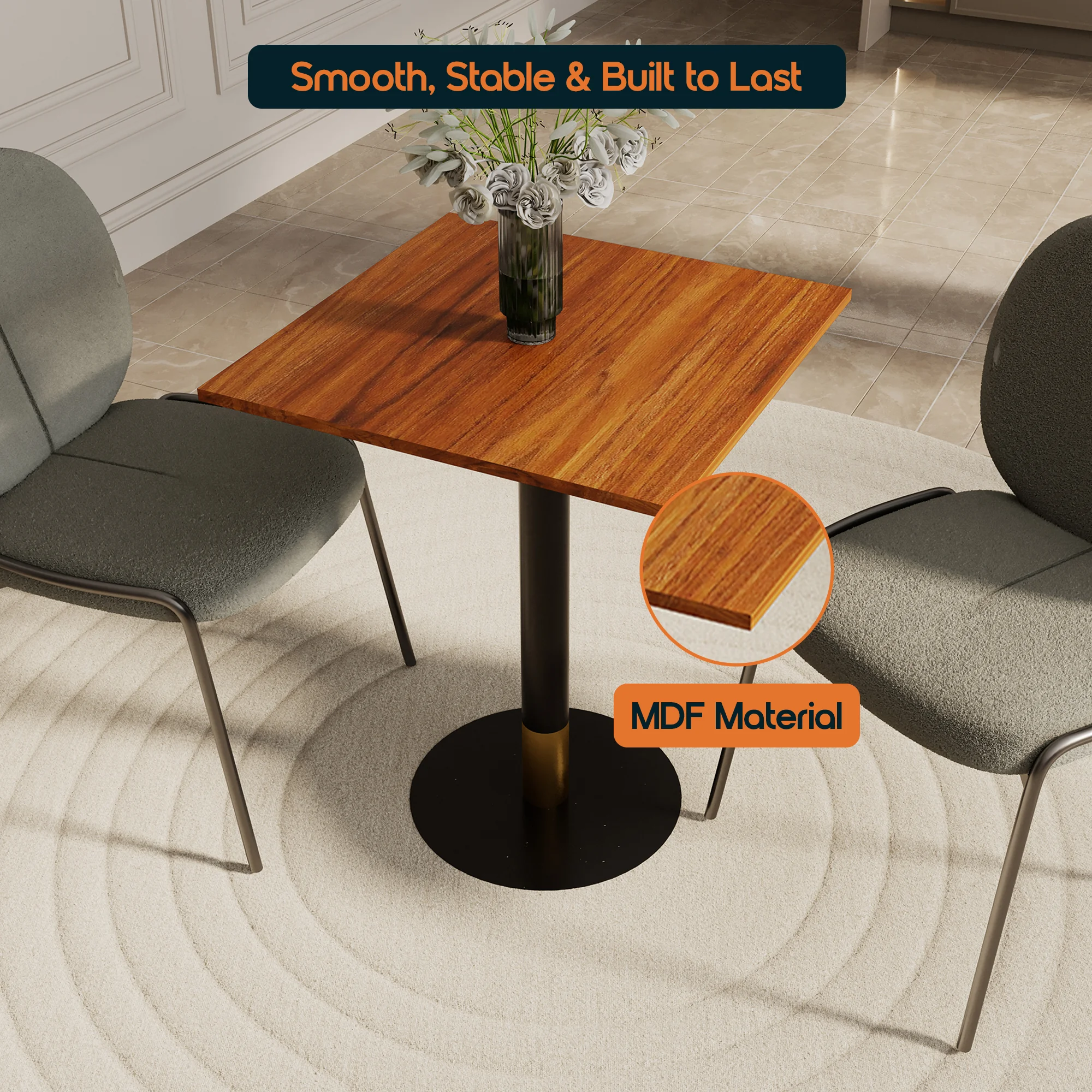 Vail Collection Dining Table Black/Gold Base With 24" Square Cognac Brown MDF Top